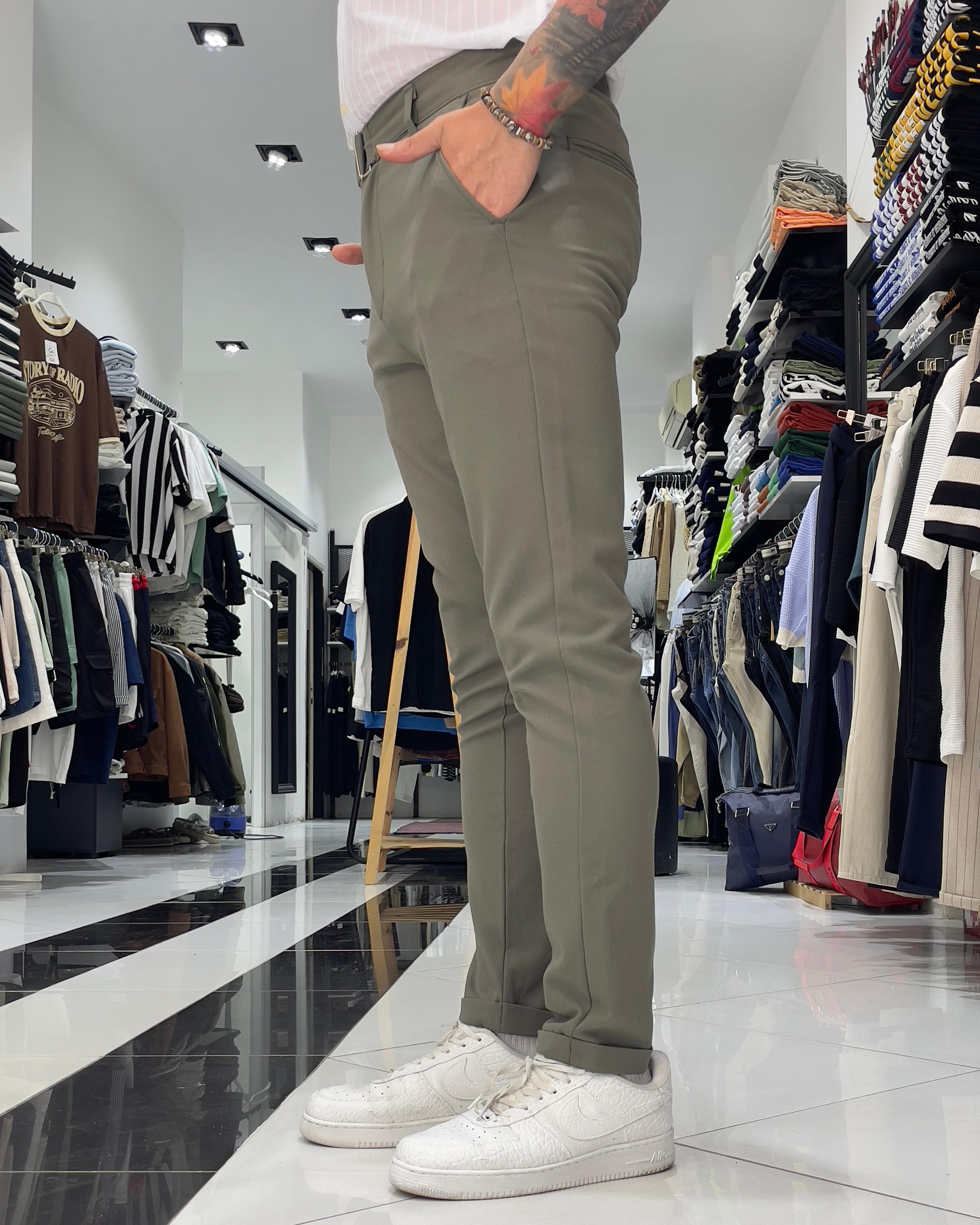 Italian Style Belted Men's Fabric Trousers - Khaki green