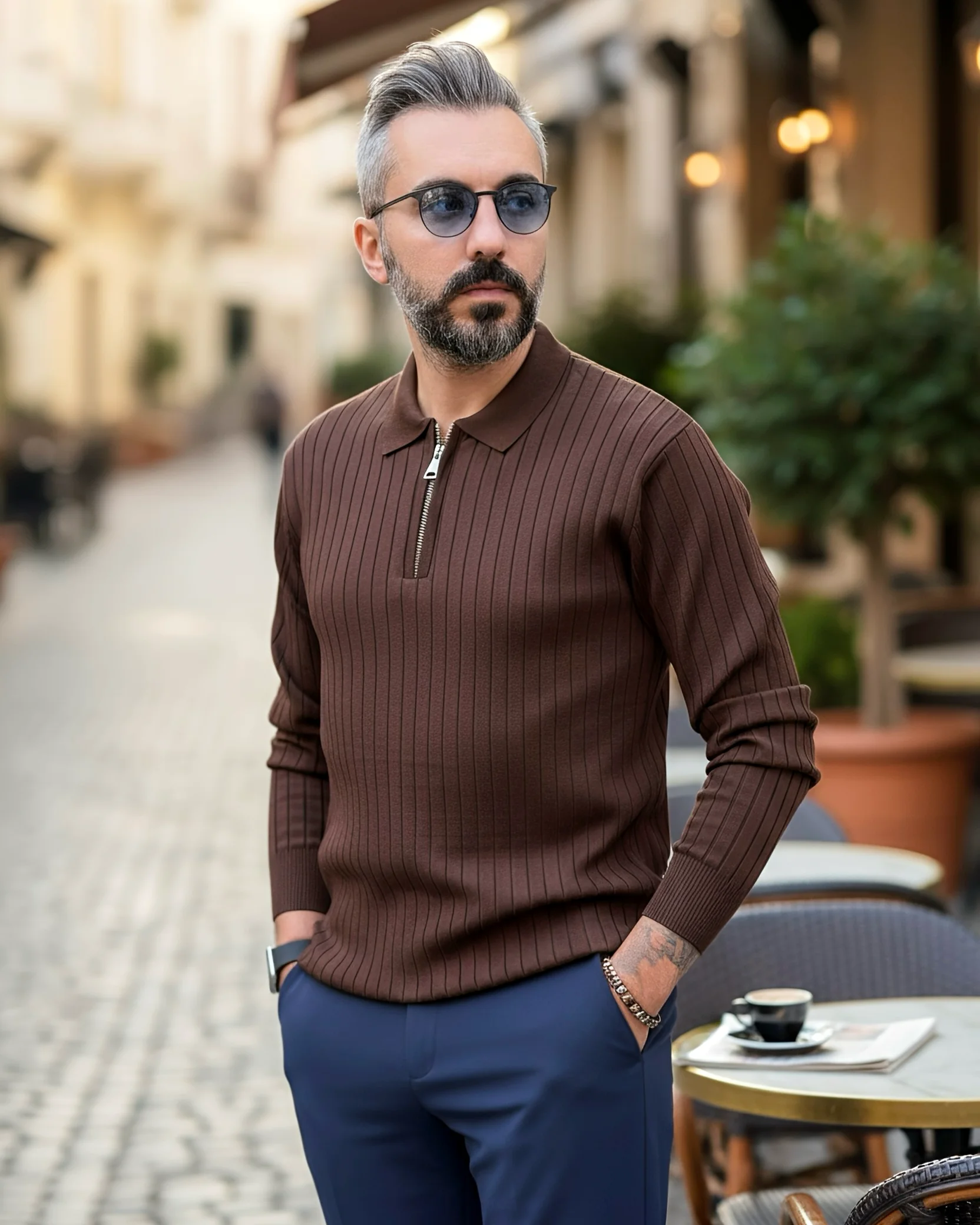 Espresso Line Old Money Erkek Triko Yarım Fermuarlı Polo Kazak