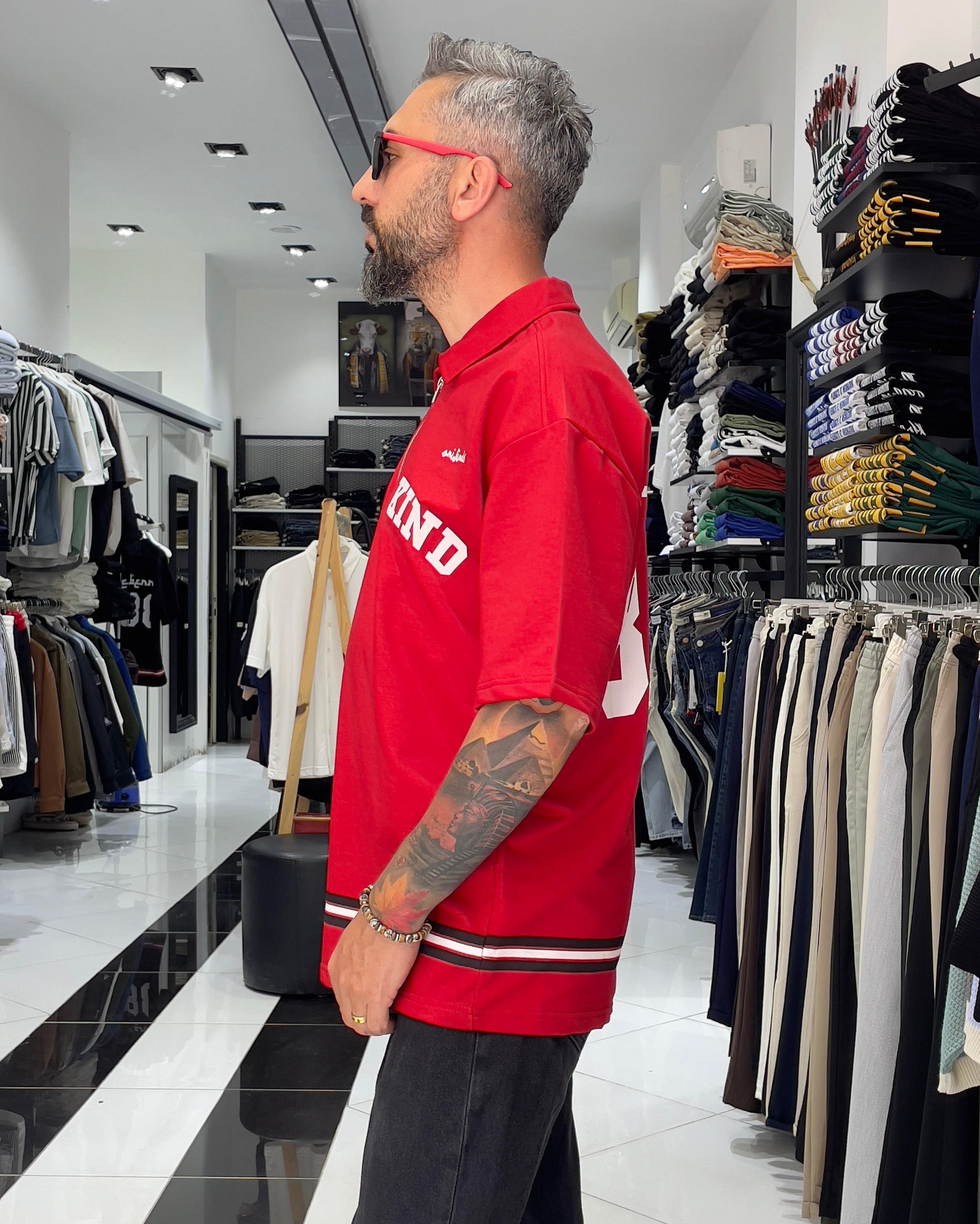 888 Baskılı Oversize Polo Yaka Erkek T-Shirt - kırmızı
