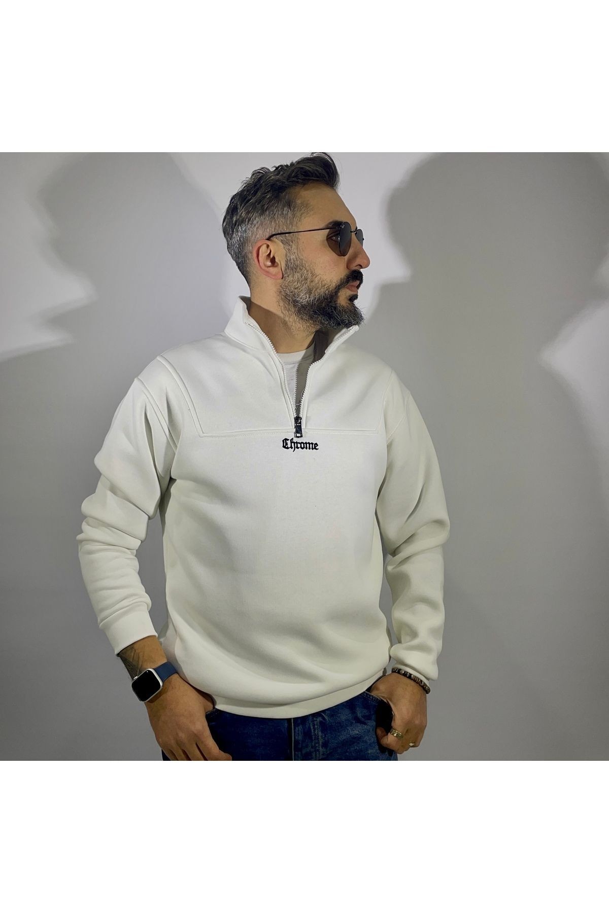 Yarım Fermuarlı Oversize Erkek Sweatshirt - ekru