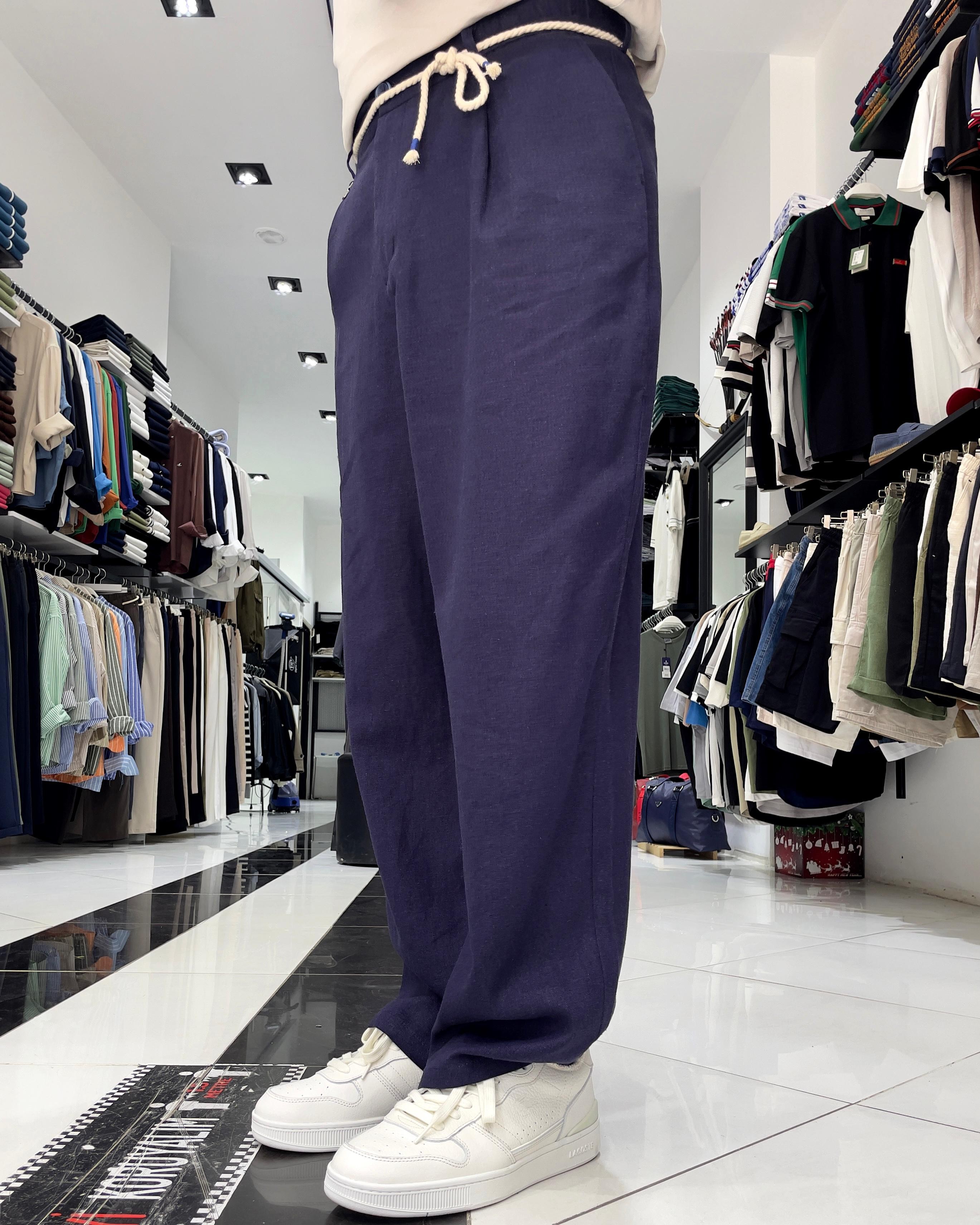 Lacivert Keten Erkek Baggy Fit Kemerli Pantolon