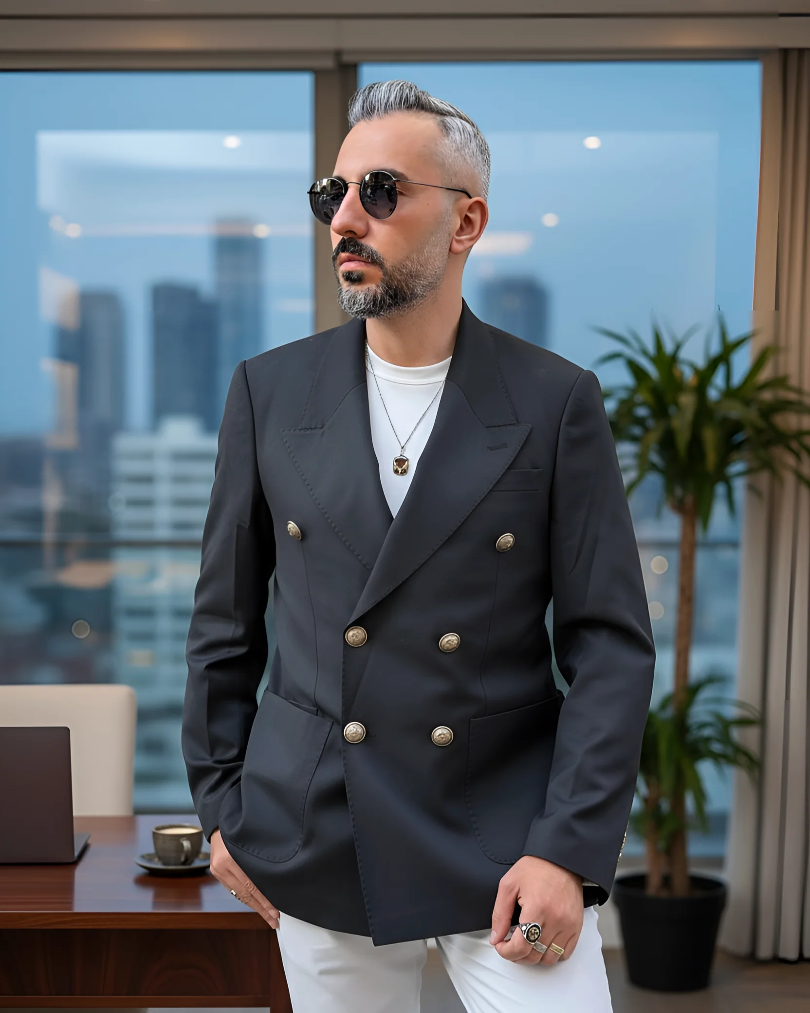 Old Money Gold Düğmeli İtalyan Kesim Erkek Kruvaze Ceket - siyah