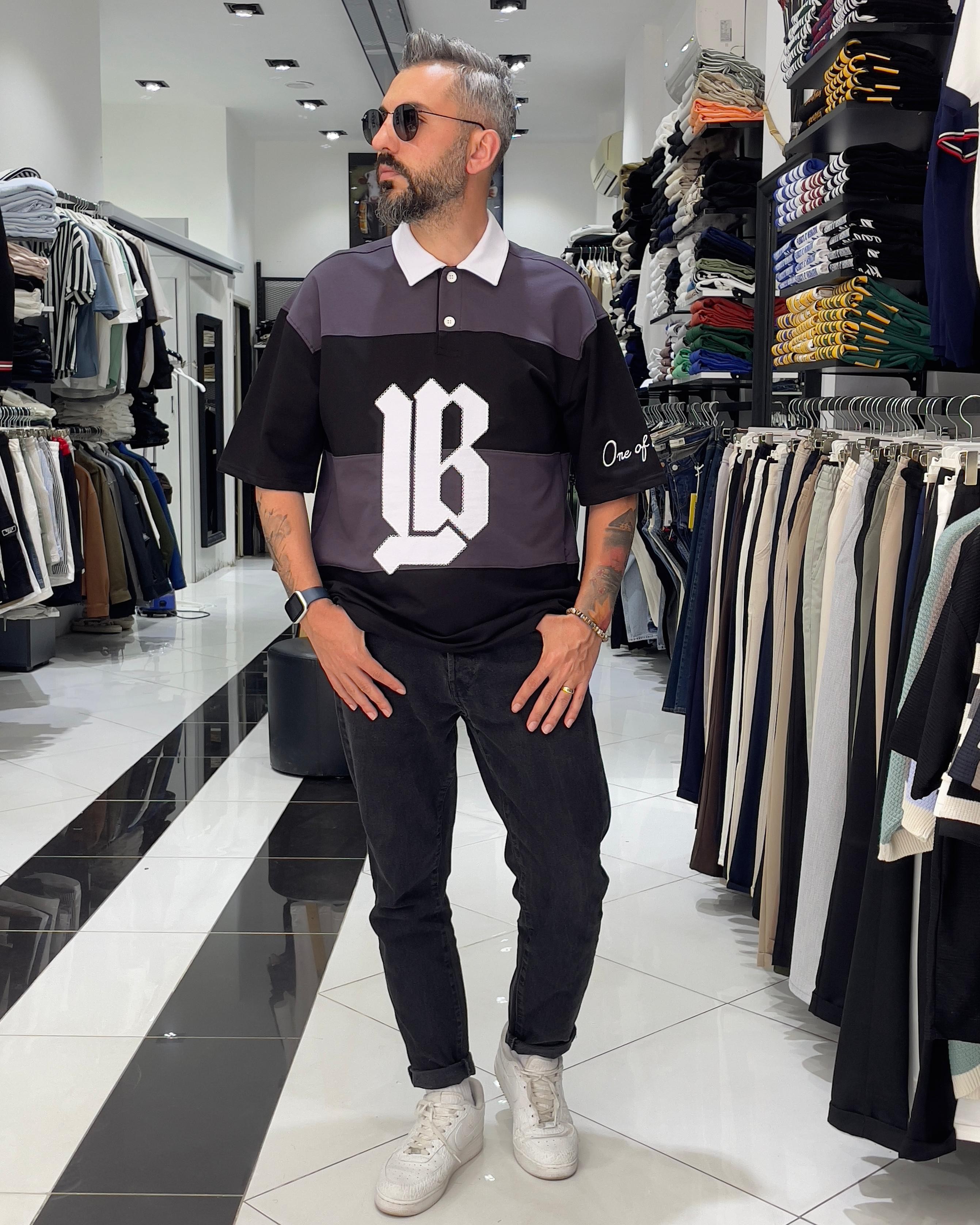 LB Nakışlı Yarım Fermuarlı Oversize Polo Yaka Erkek T-Shirt
