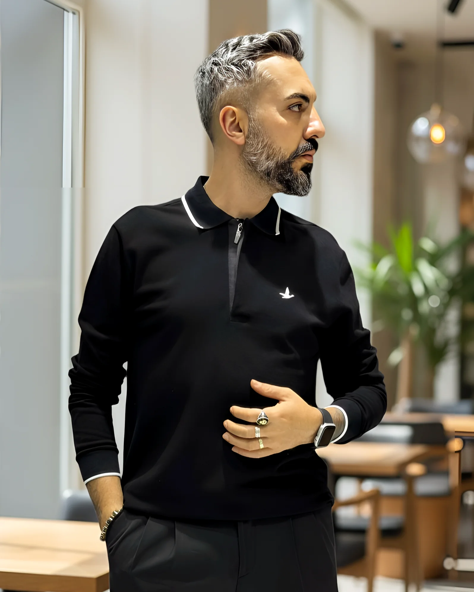 Uzun Kollu  Yarım Fermuarlı Pike Kumaş Erkek Polo - siyah