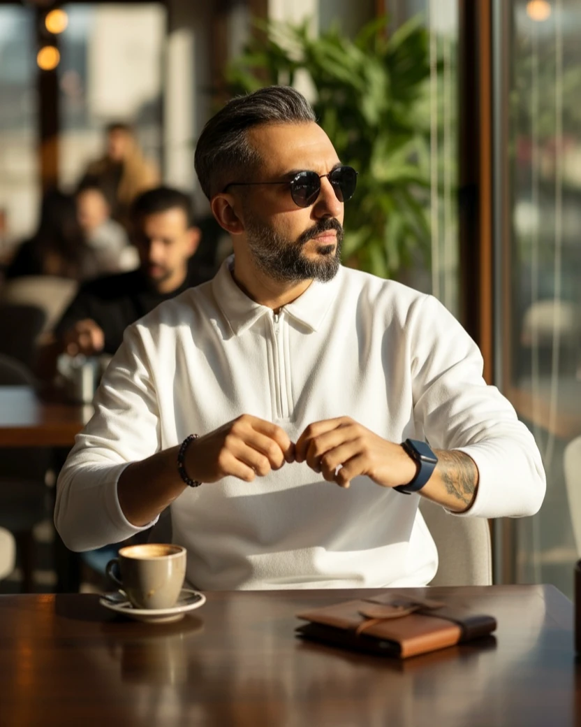 Beyaz Fermuarlı Erkek Polo Yaka Sweatshirt