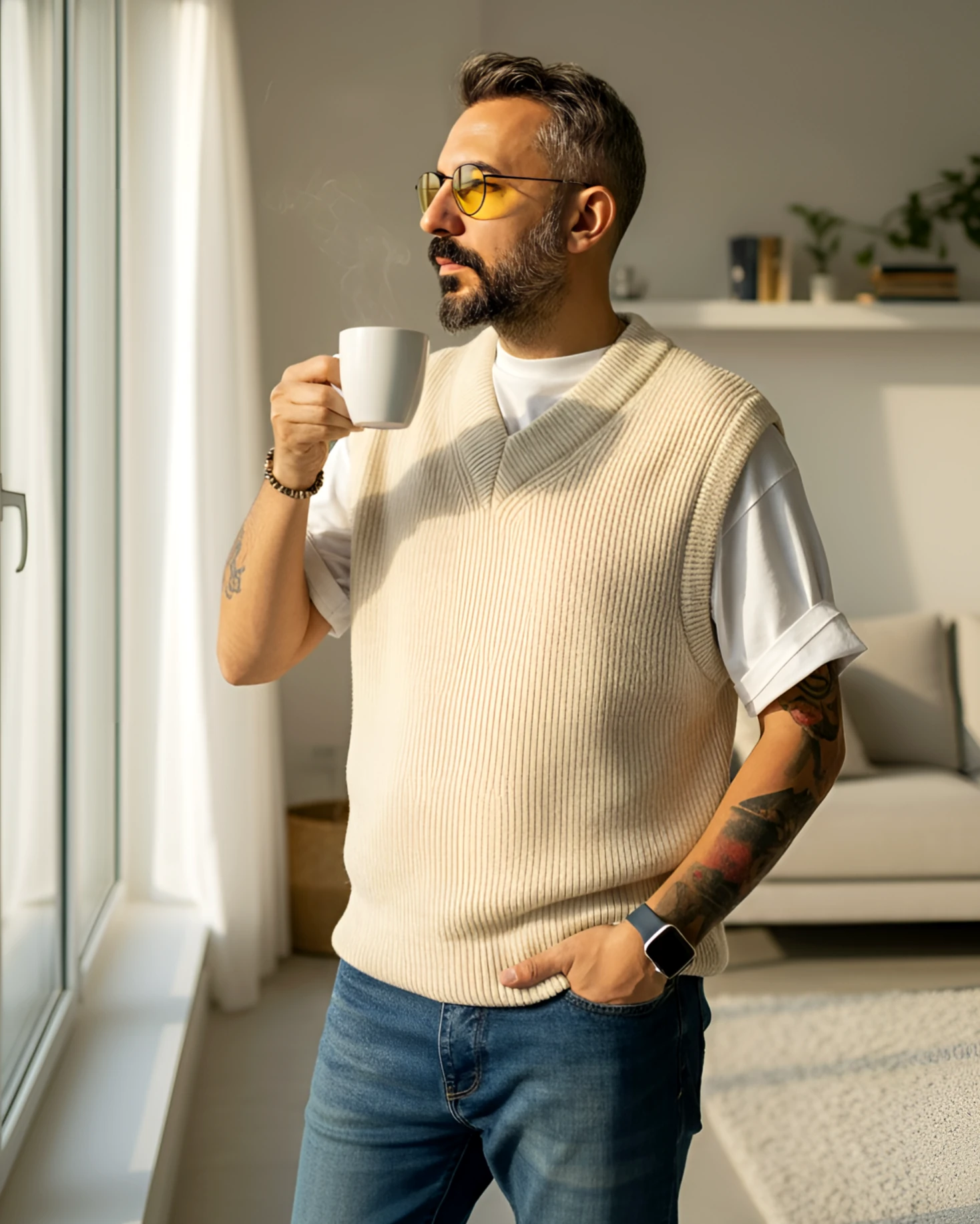 Kolsuz V Yaka Erkek Süveter - bej