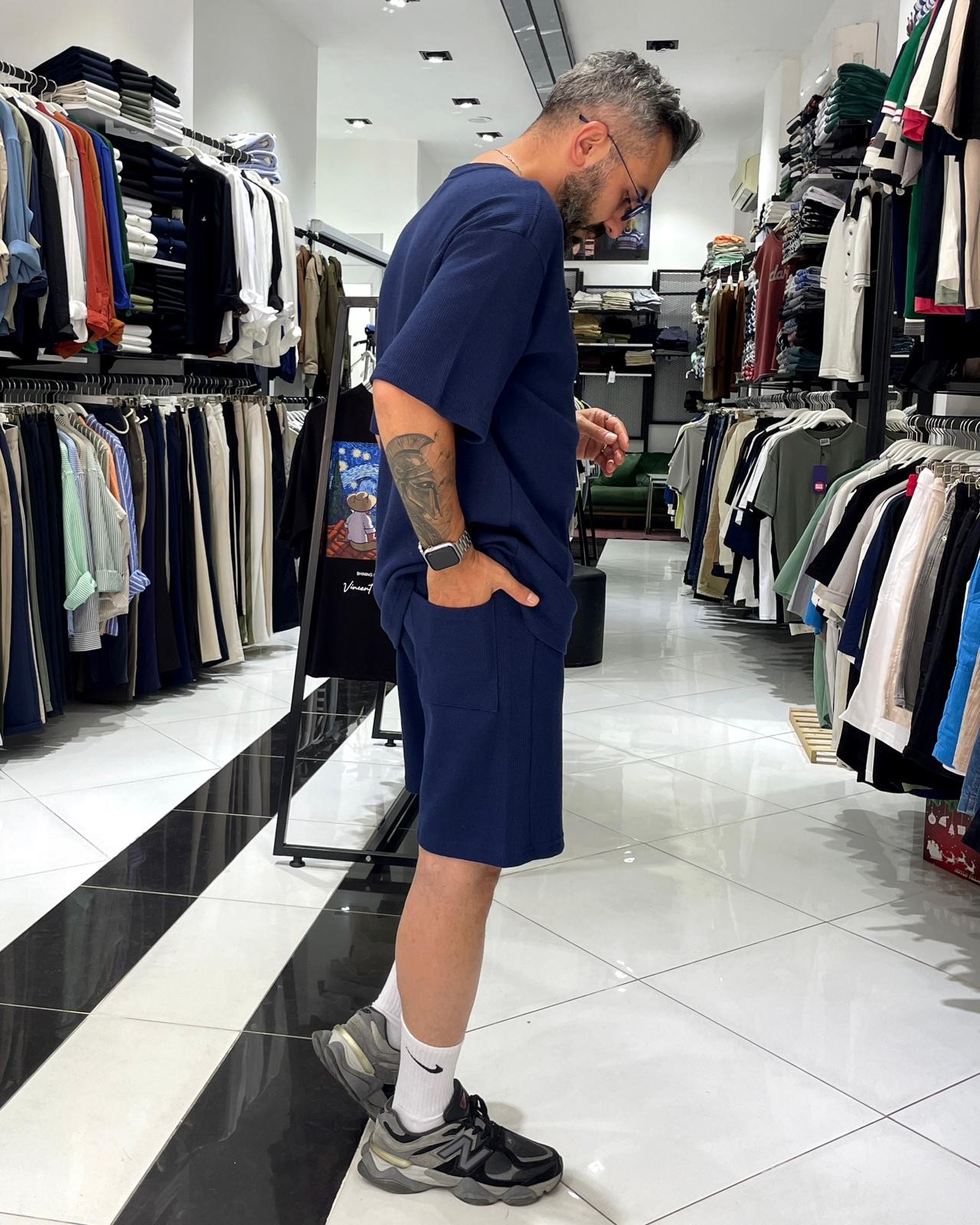 Waffle Kumaş Oversize Erkek T-Shirt & Şort İkili Takım - lacivert
