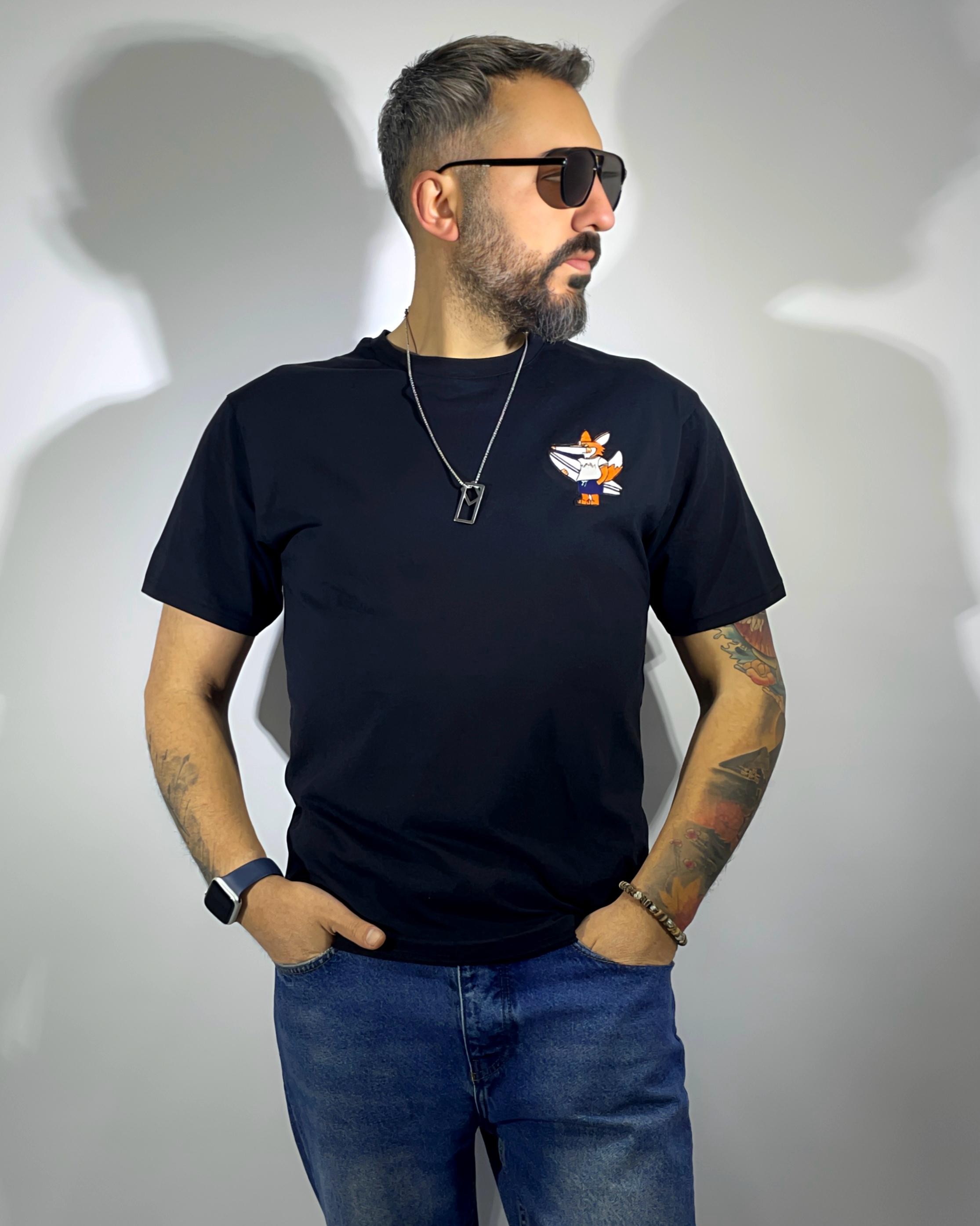 Tilki Figürlü Slim Fit Erkek Tişört | Higo Man