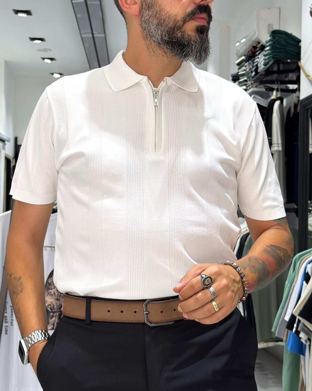  Desenli Polo Yaka Yarım Fermuarlı Erkek T-Shirt - beyaz