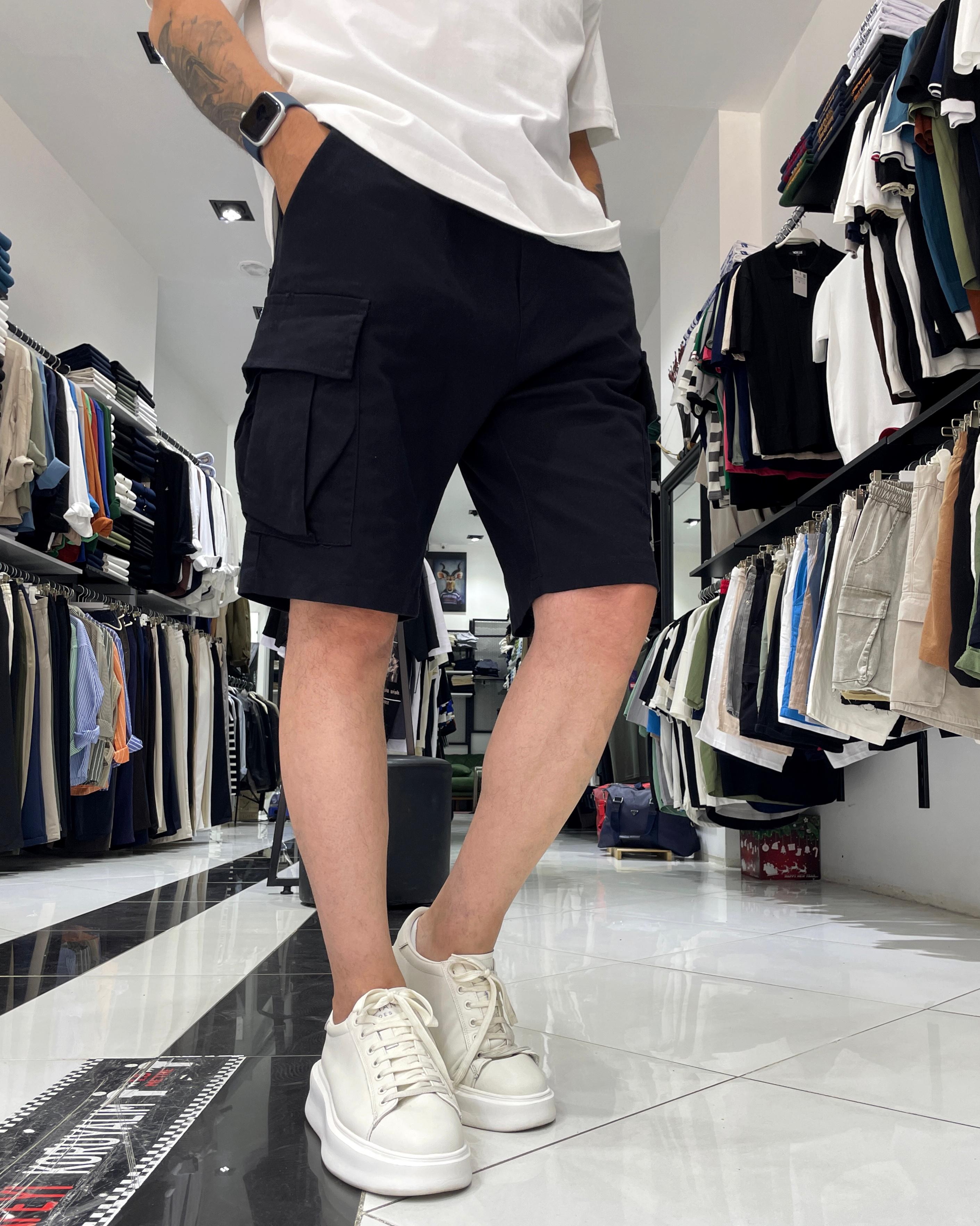 Elastic Waist Denim Shorts with Cargo Pockets - Black