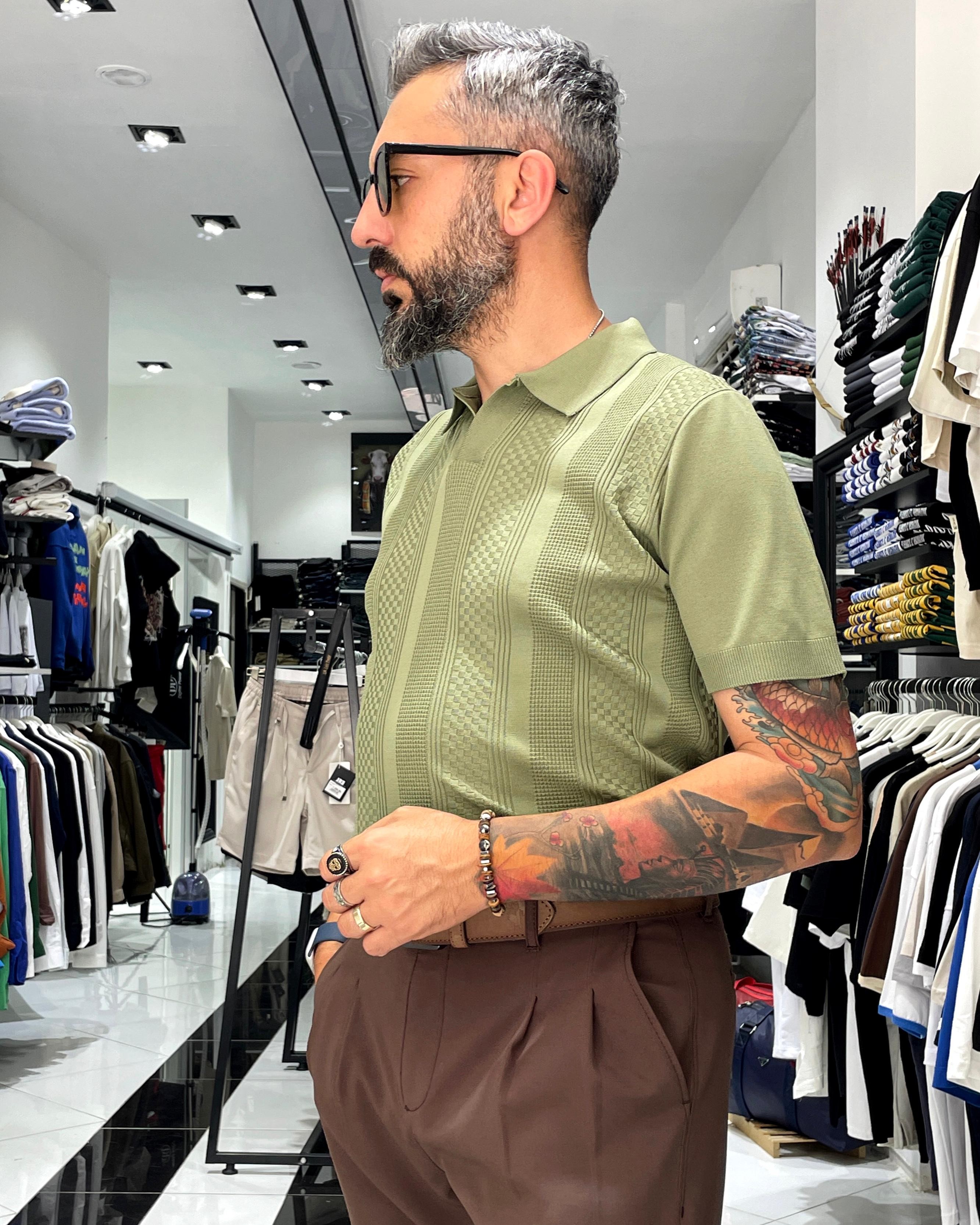 Kendinden Desenli Triko Erkek Polo Yaka T-Shirt
