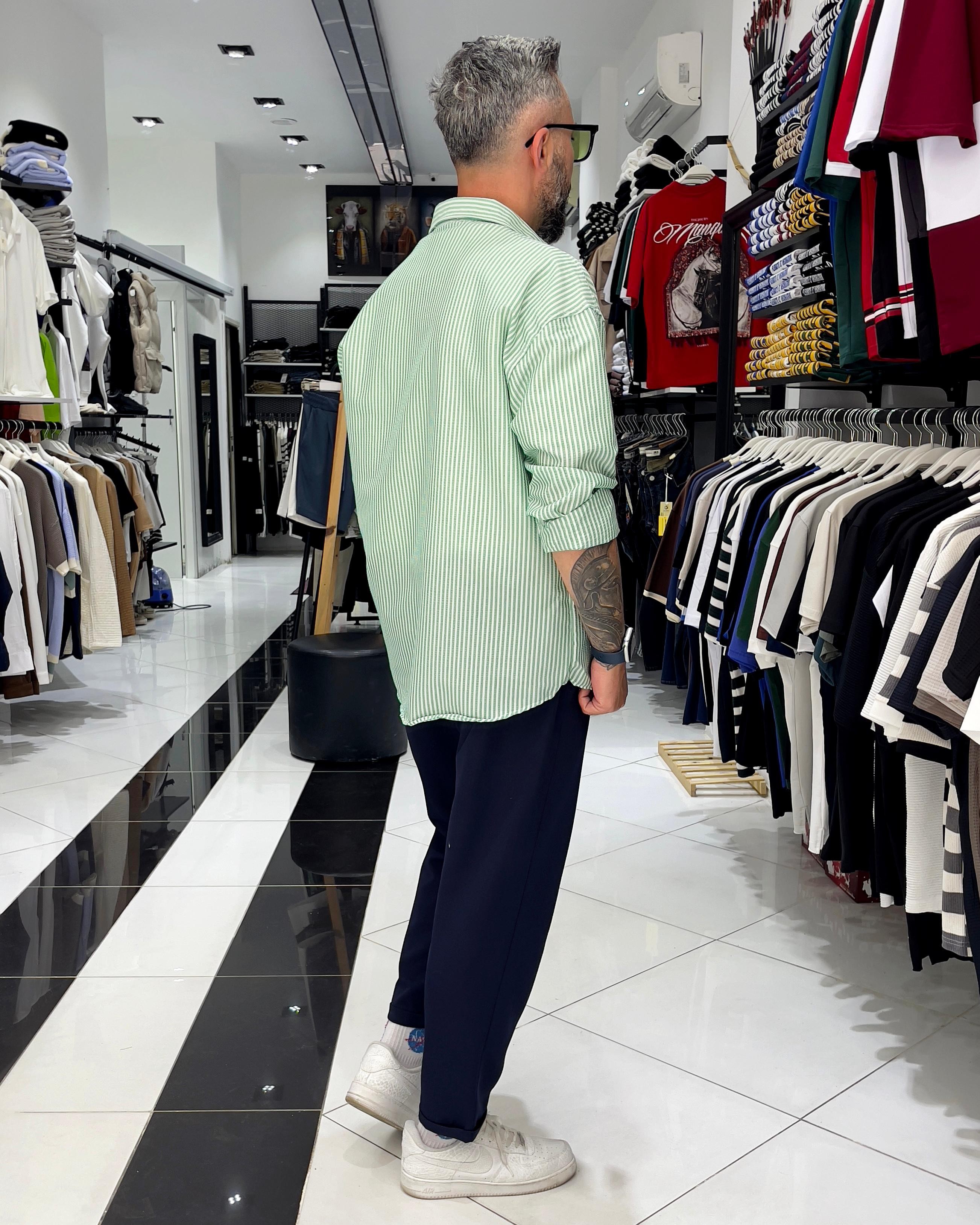 Gofre Kumaş Çizgili Oversize Erkek Gömlek - yeşil