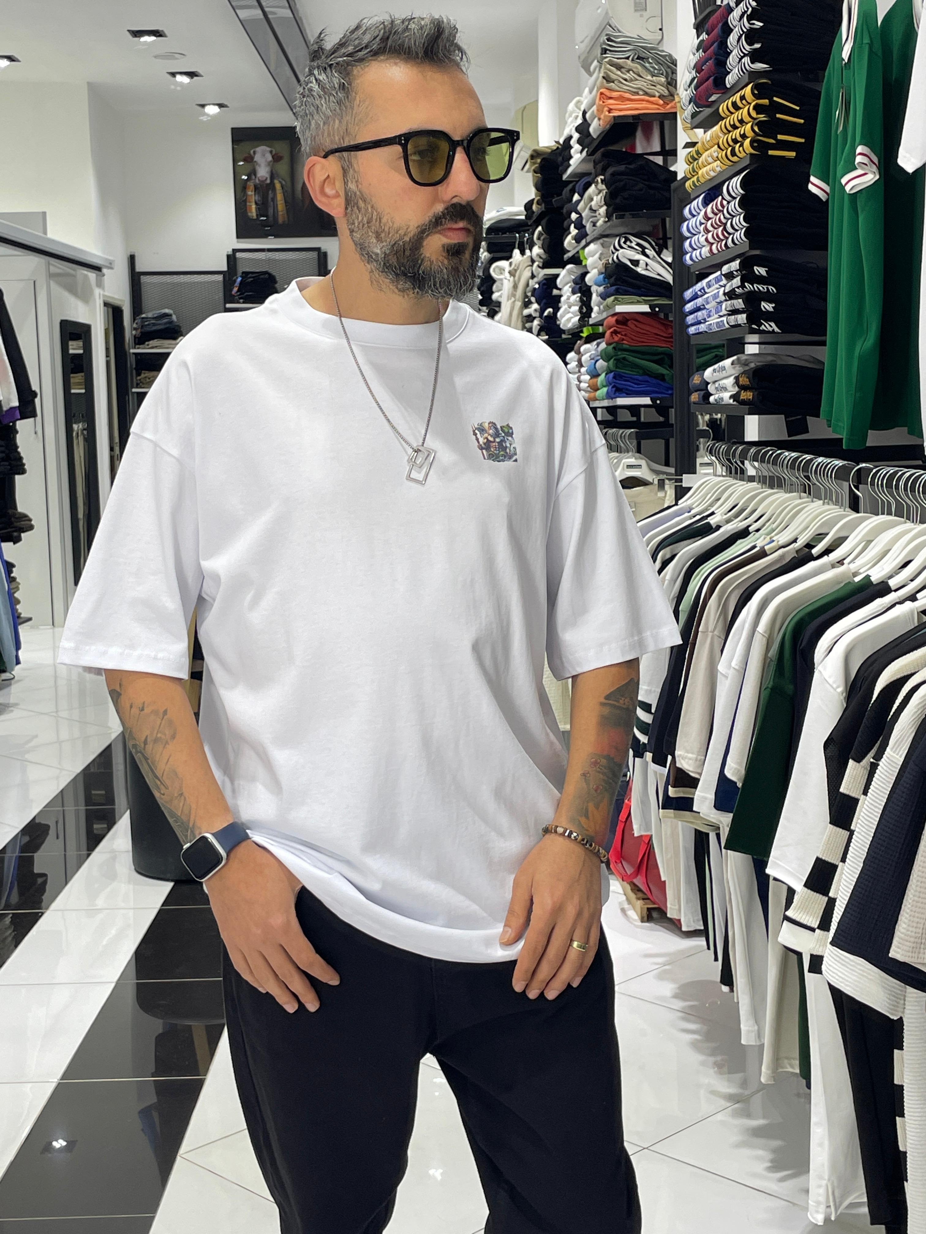 Poseidon Printed White Men's Oversize T-Shirt