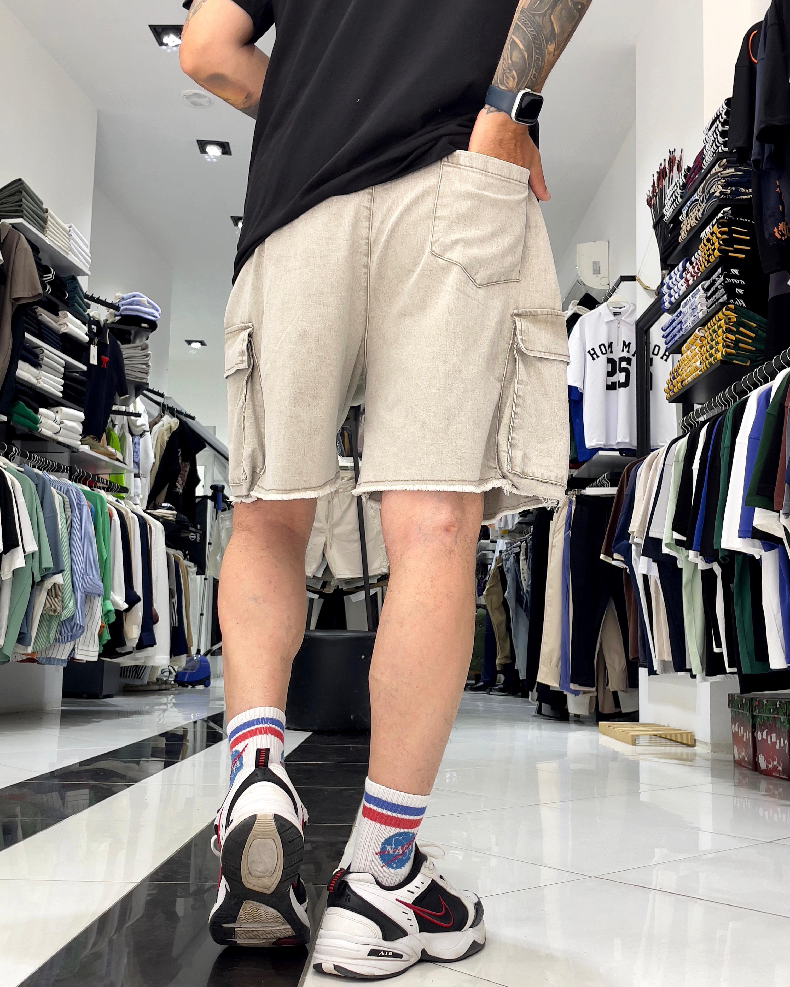 Baggy Fit Organik Denim Erkek Kargo Şort – Higo Man - yıkamalı gri