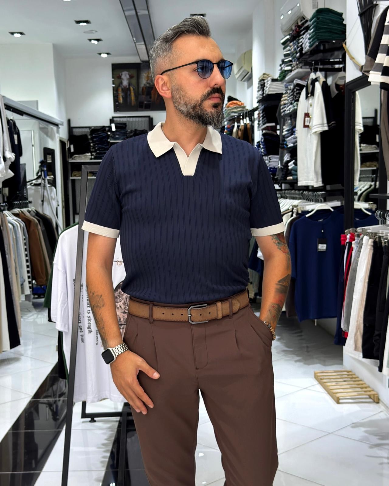 Yaka Detaylı Erkek Triko Polo Yaka T-Shirt - lacivert