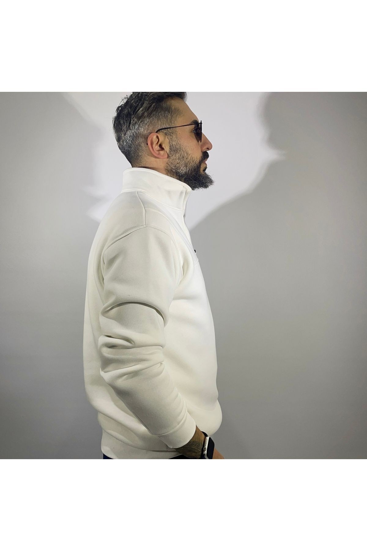 Yarım Fermuarlı Oversize Erkek Sweatshirt - ekru