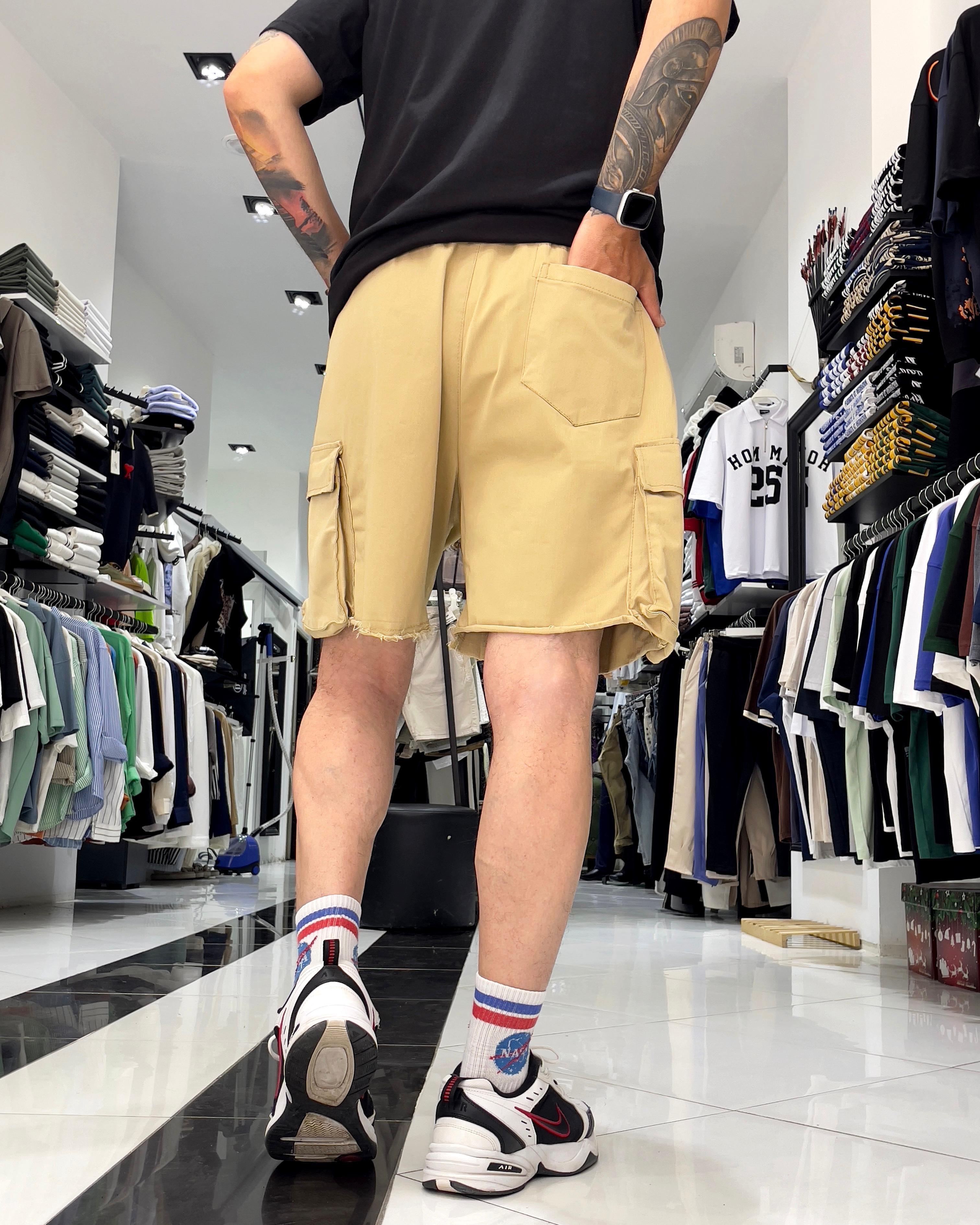 Baggy Fit Organik Denim Erkek Kargo Şort – Higo Man - krem