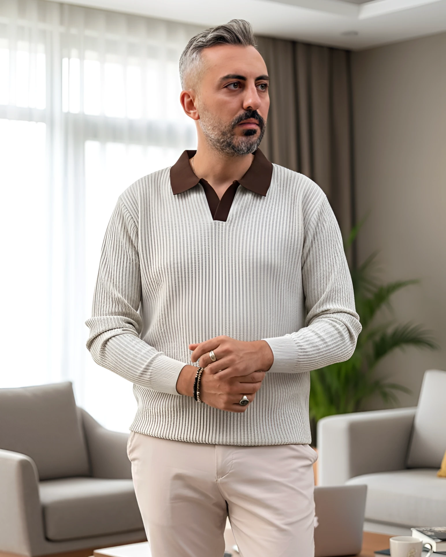 Old Money Triko Polo Yaka Erkek Kazak - krem