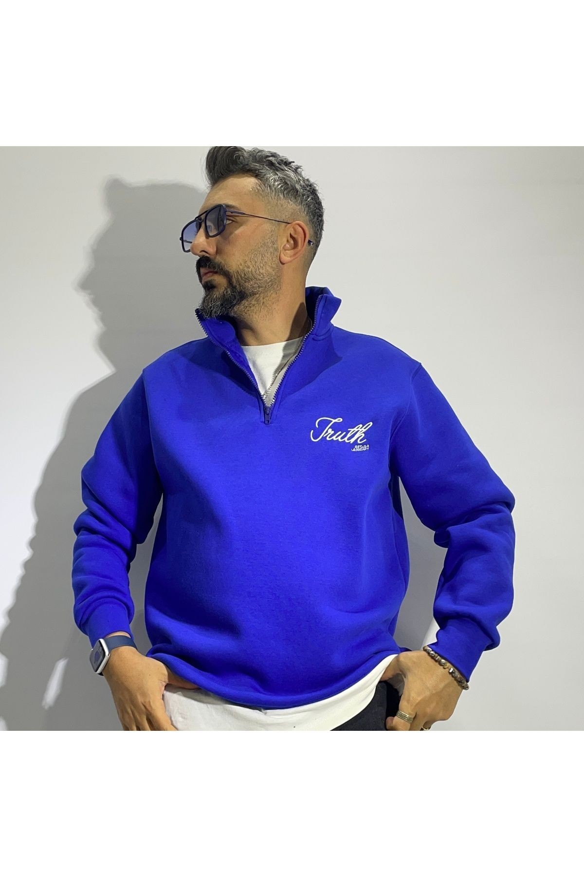 Nakış Detaylı Yarım Fermuar Oversize Erkek Sweatshirt - mavi