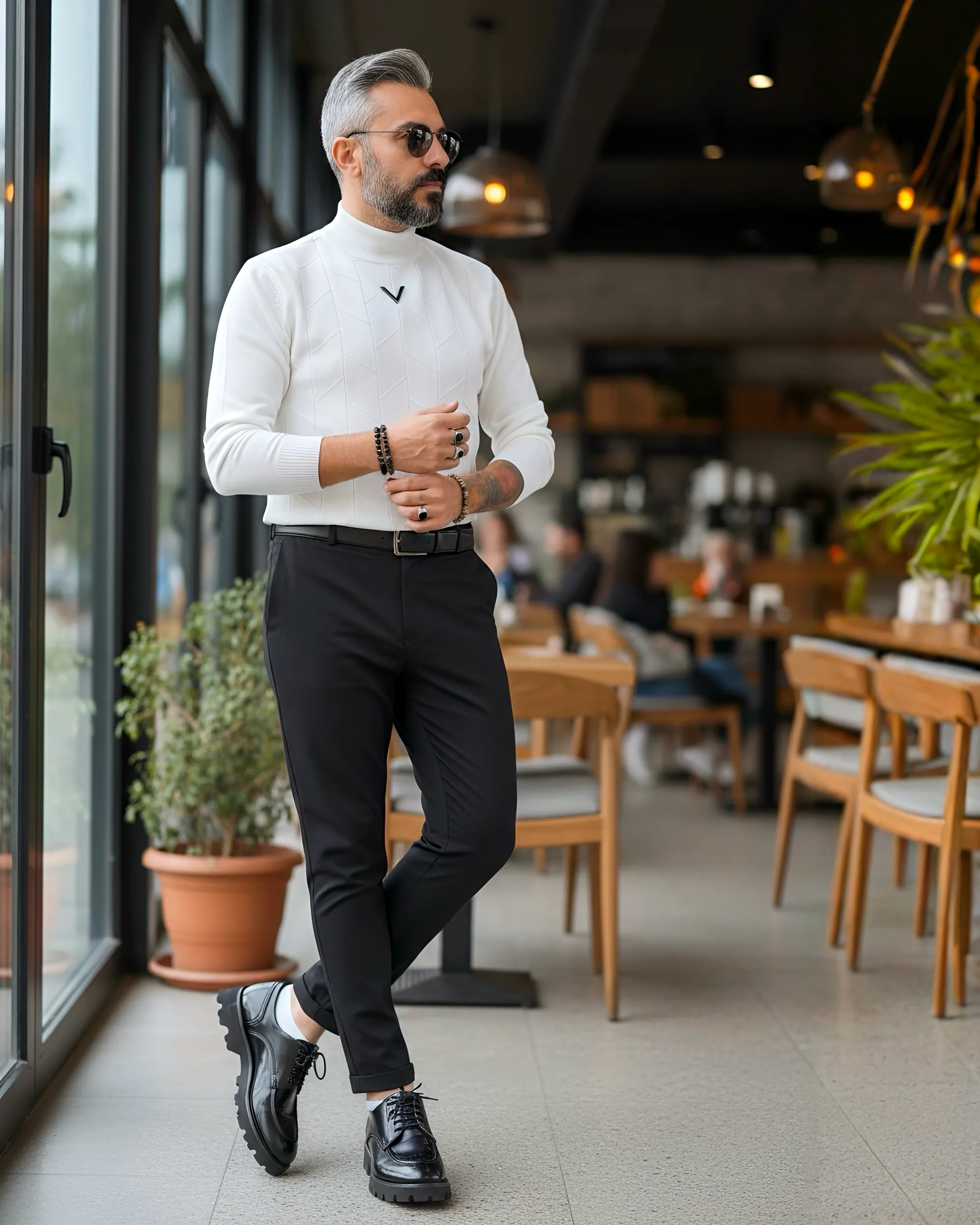 Yarım Balıkçı Desenli Triko Erkek Kazak - beyaz