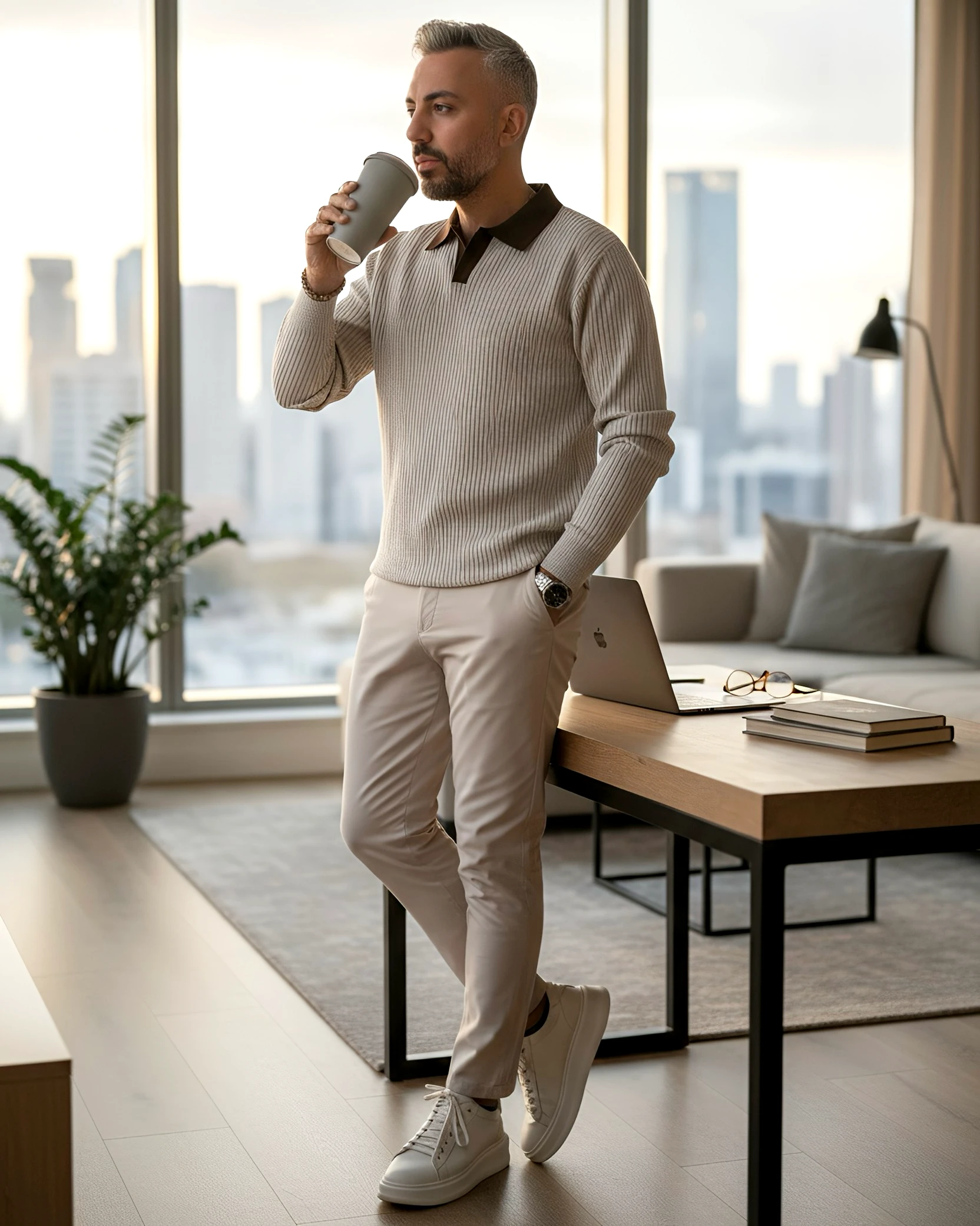 Old Money Triko Polo Yaka Erkek Kazak - krem