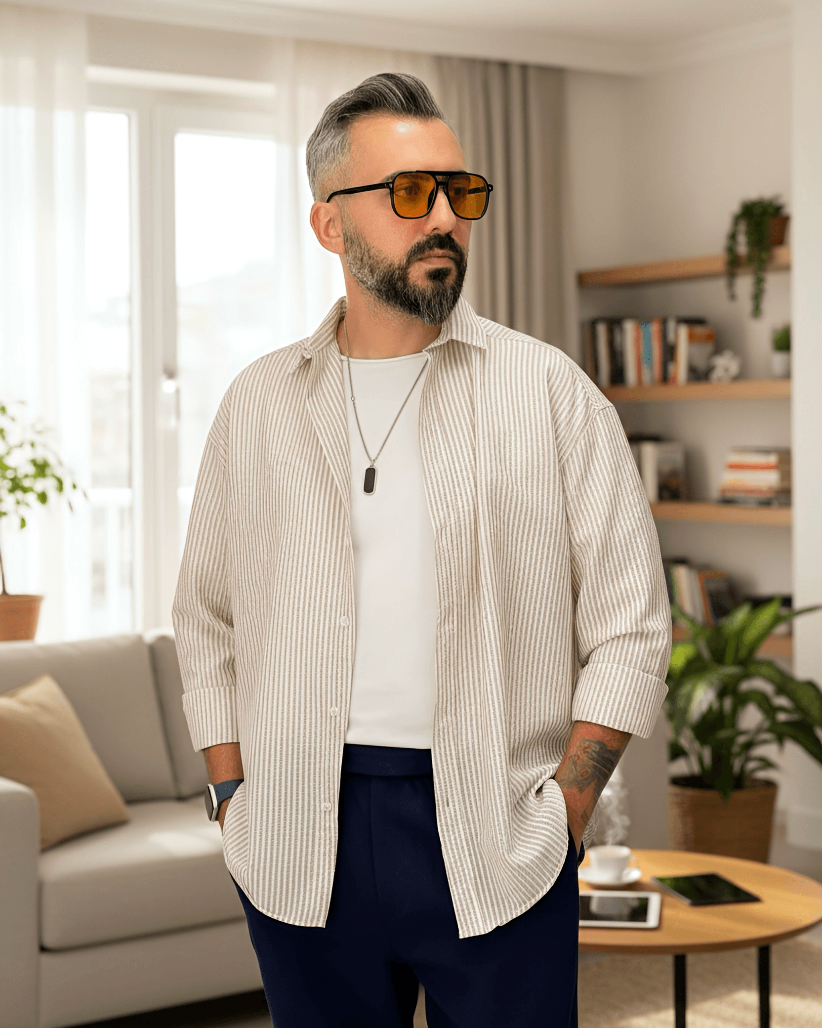 Gofre Kumaş Çizgili Oversize Erkek Gömlek