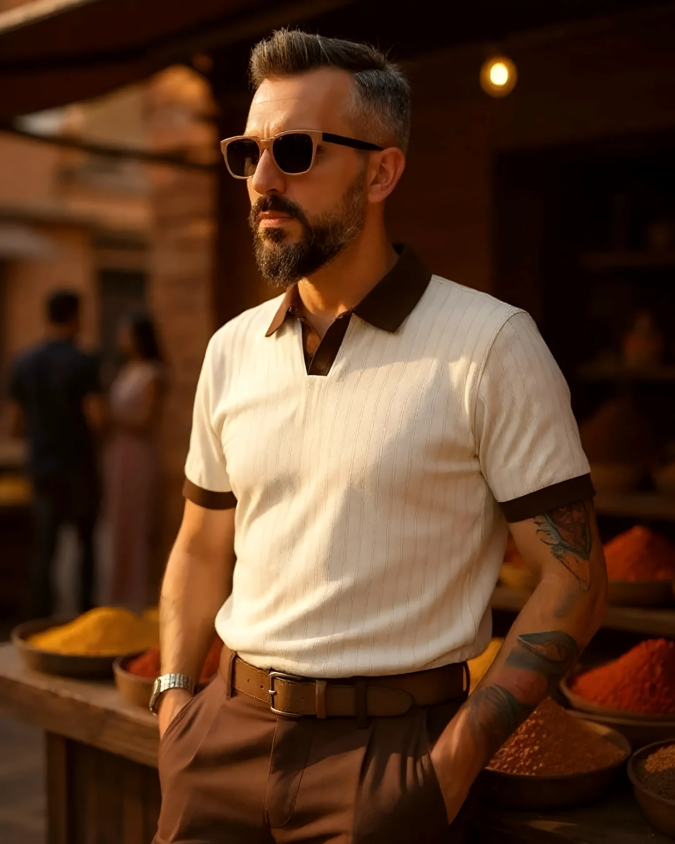 Yaka Detaylı Erkek Triko Polo Yaka T-Shirt - krem