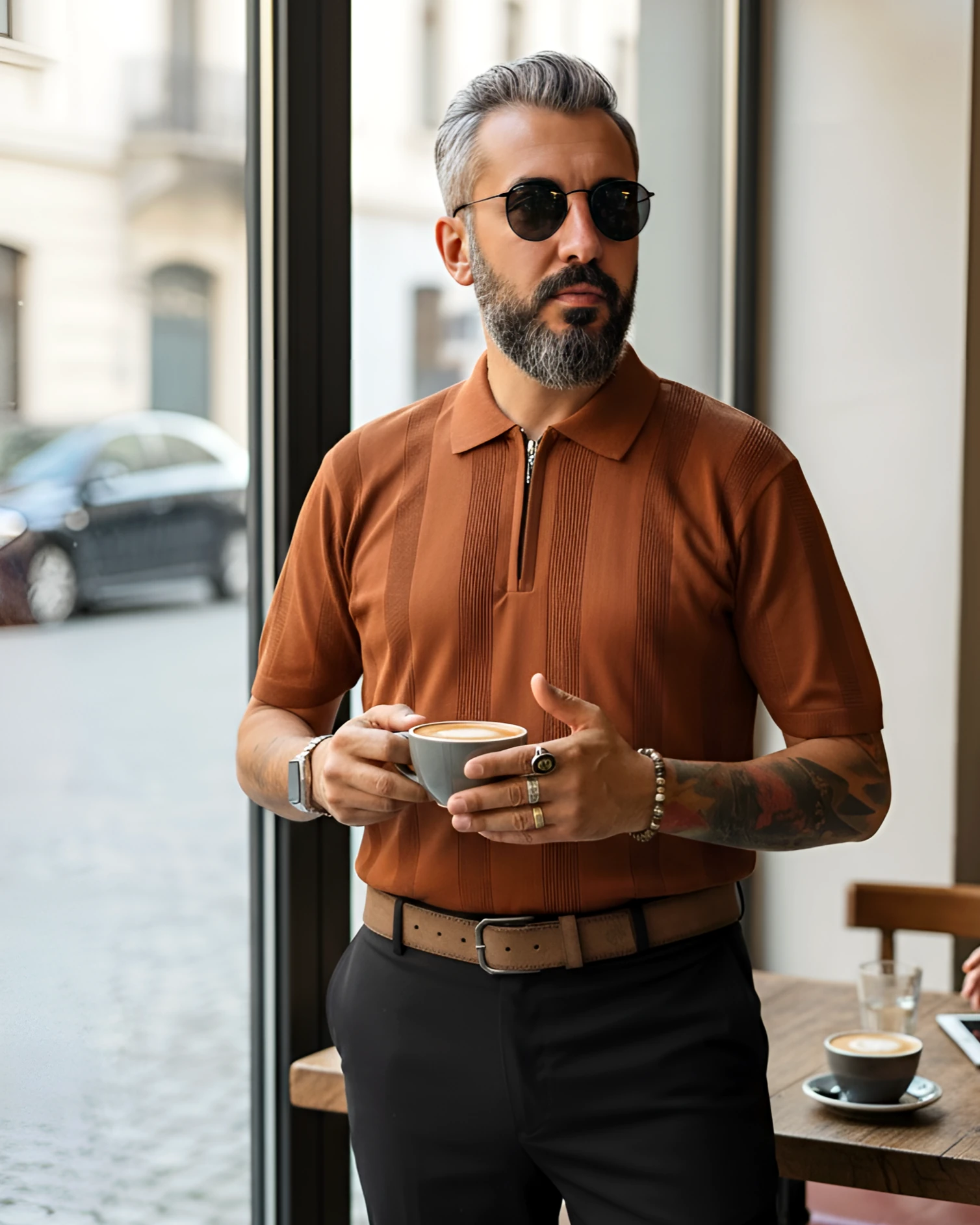  Desenli Polo Yaka Yarım Fermuarlı Erkek T-Shirt - kiremit