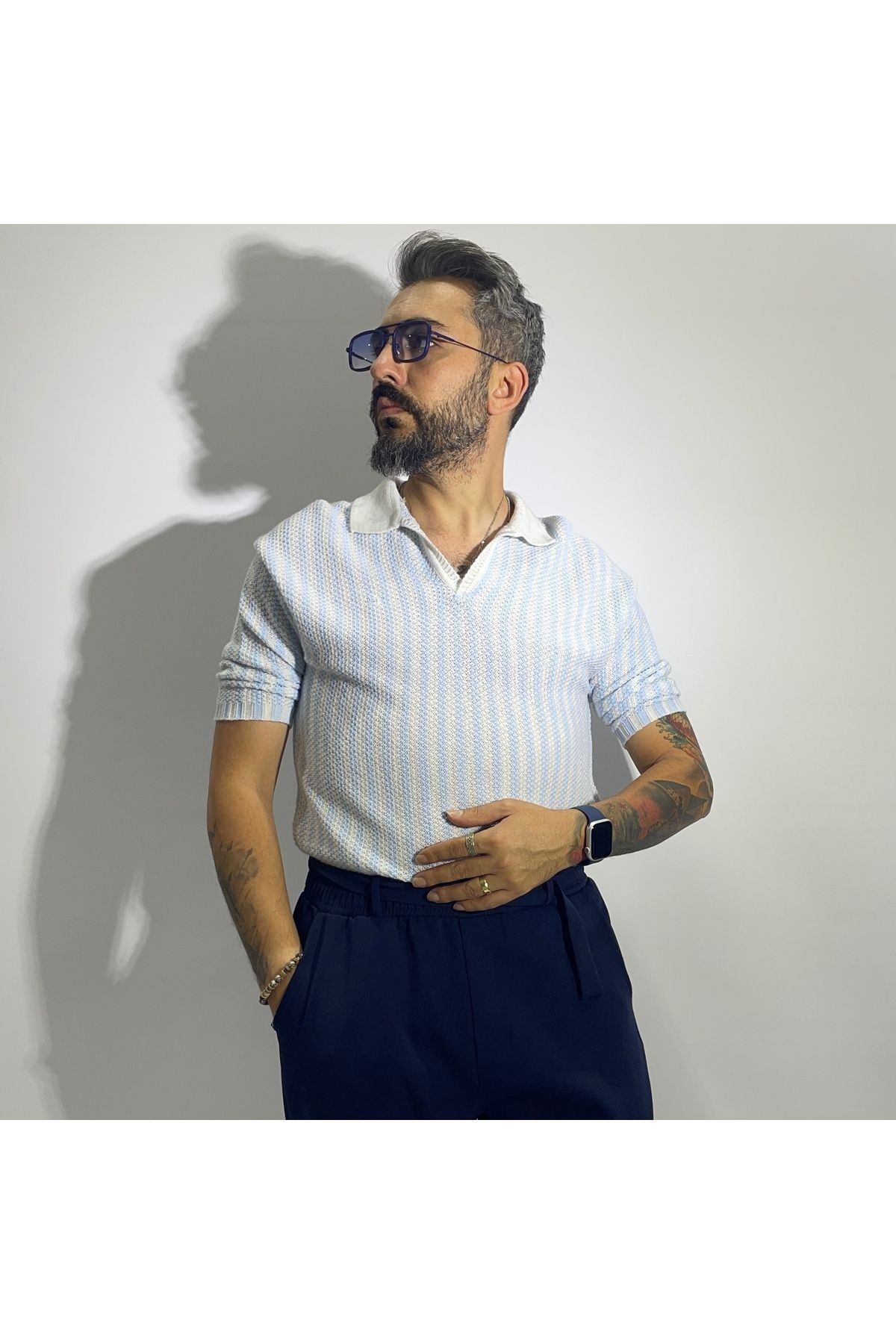 Dik Çizgili Polo Yaka Triko T-Shirt - mavi