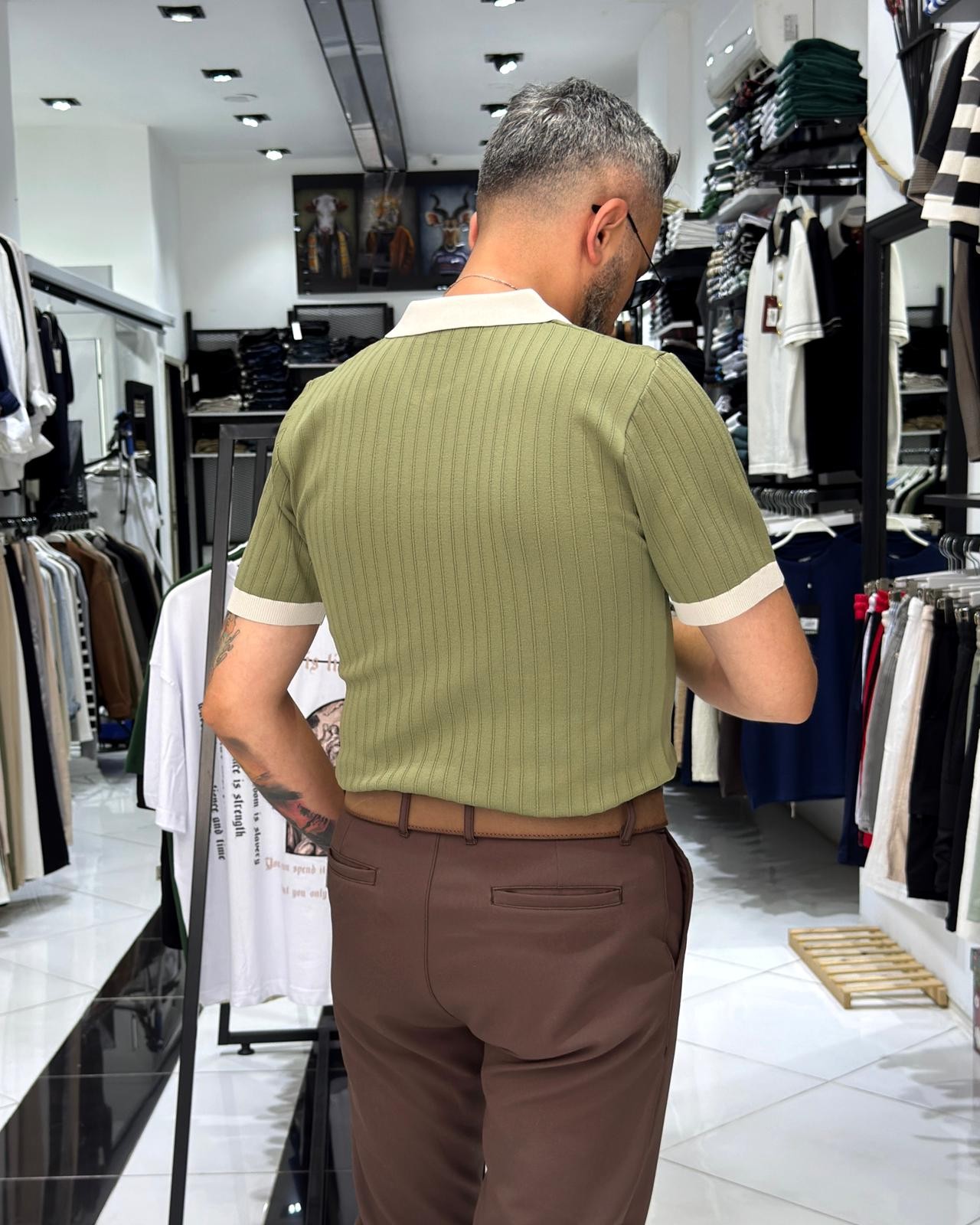 Yaka Detaylı Erkek Triko Polo Yaka T-Shirt - yeşil