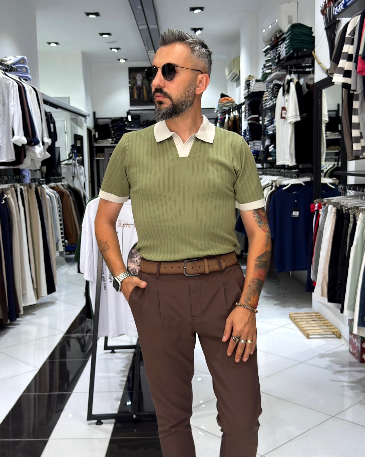 Yaka Detaylı Erkek Triko Polo Yaka T-Shirt - yeşil