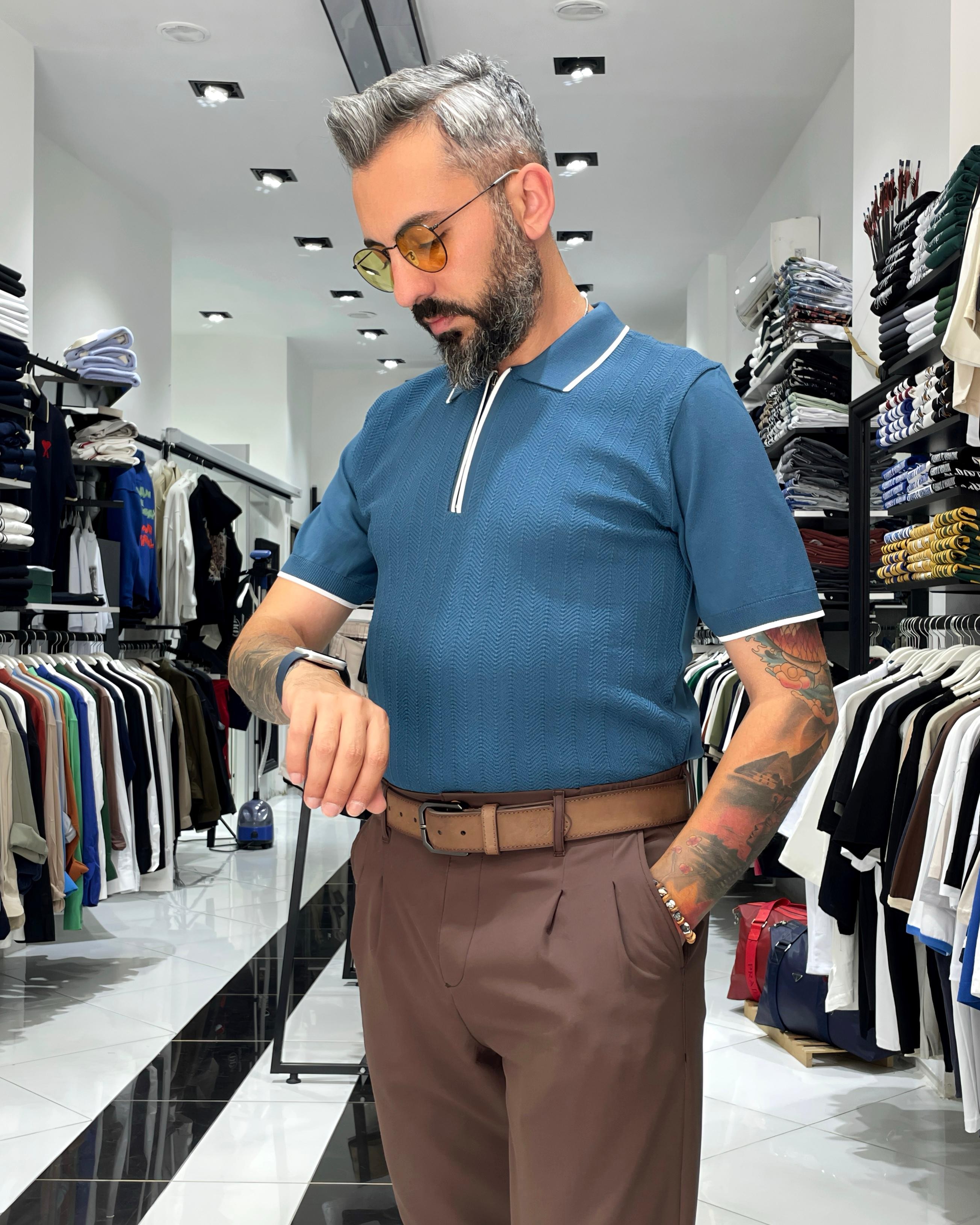 Fermuarlı Triko Polo Yaka Erkek Tişört - petrol mavisi