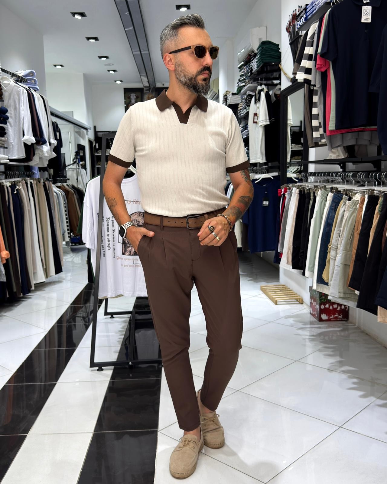 Yaka Detaylı Erkek Triko Polo Yaka T-Shirt - krem