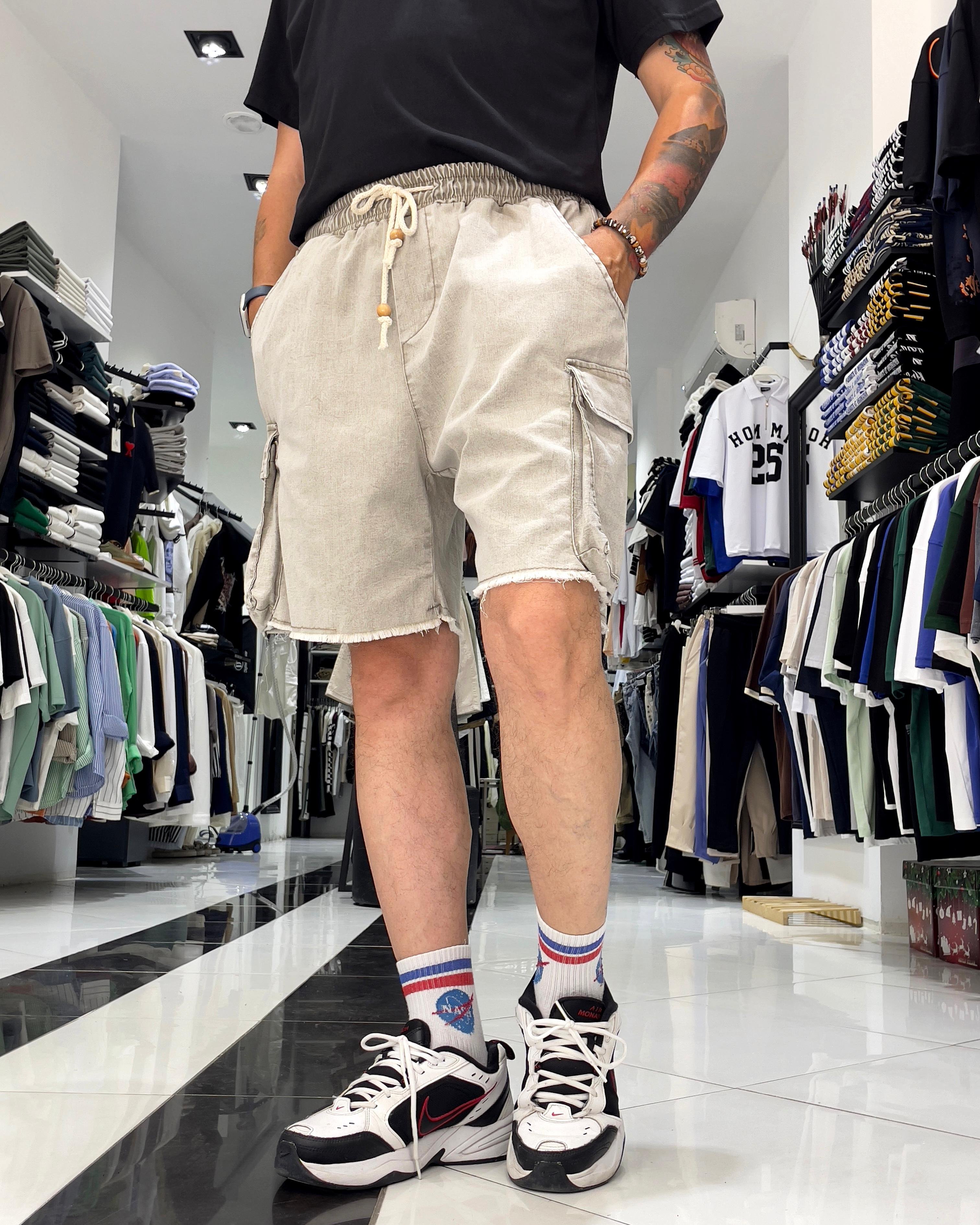 Baggy Fit Organik Denim Erkek Kargo Şort – Higo Man - yıkamalı gri