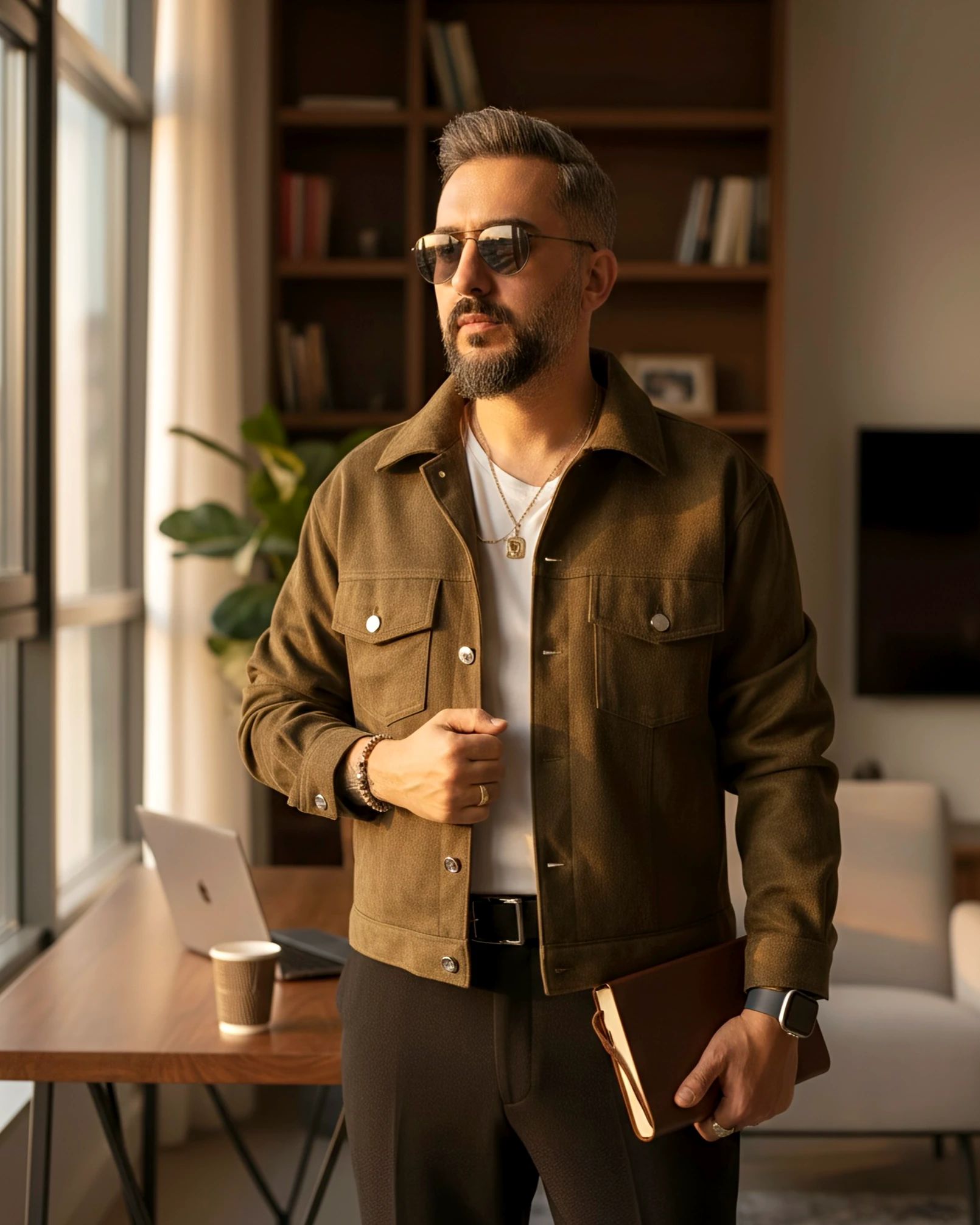 Boxy Fit Suede Men's Jacket - Khaki green