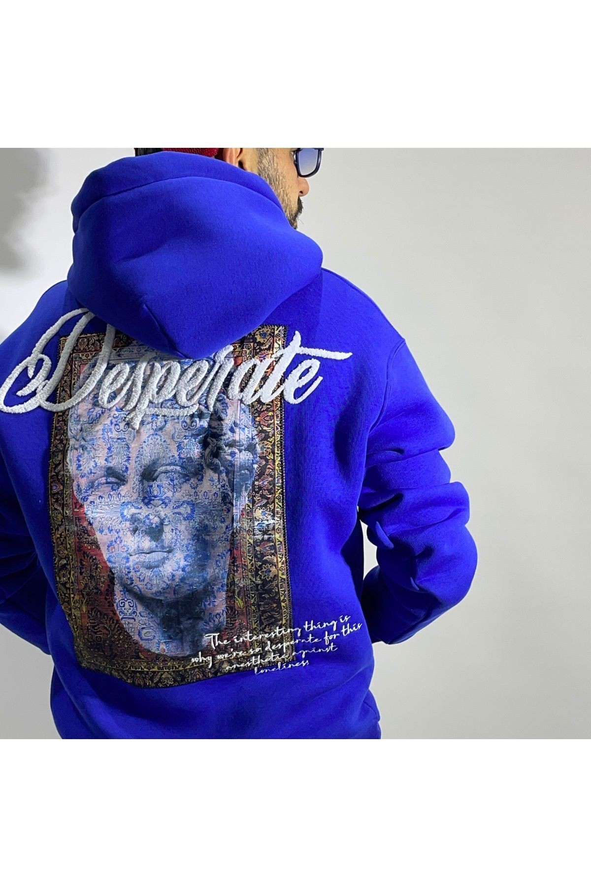 Desperate Kumaş Baskılı Oversize Erkek Hoodie - saks mavisi