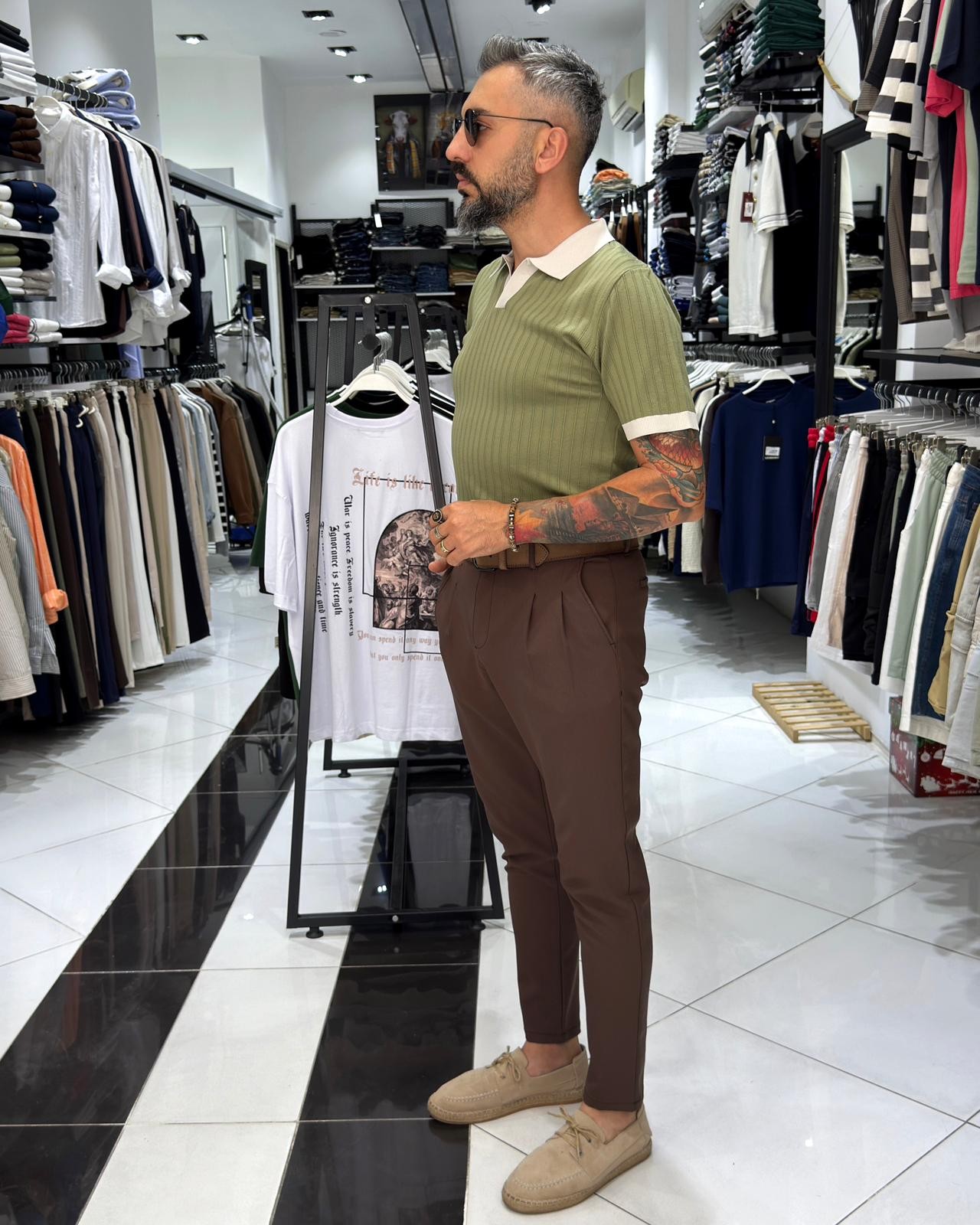 Yaka Detaylı Erkek Triko Polo Yaka T-Shirt - yeşil