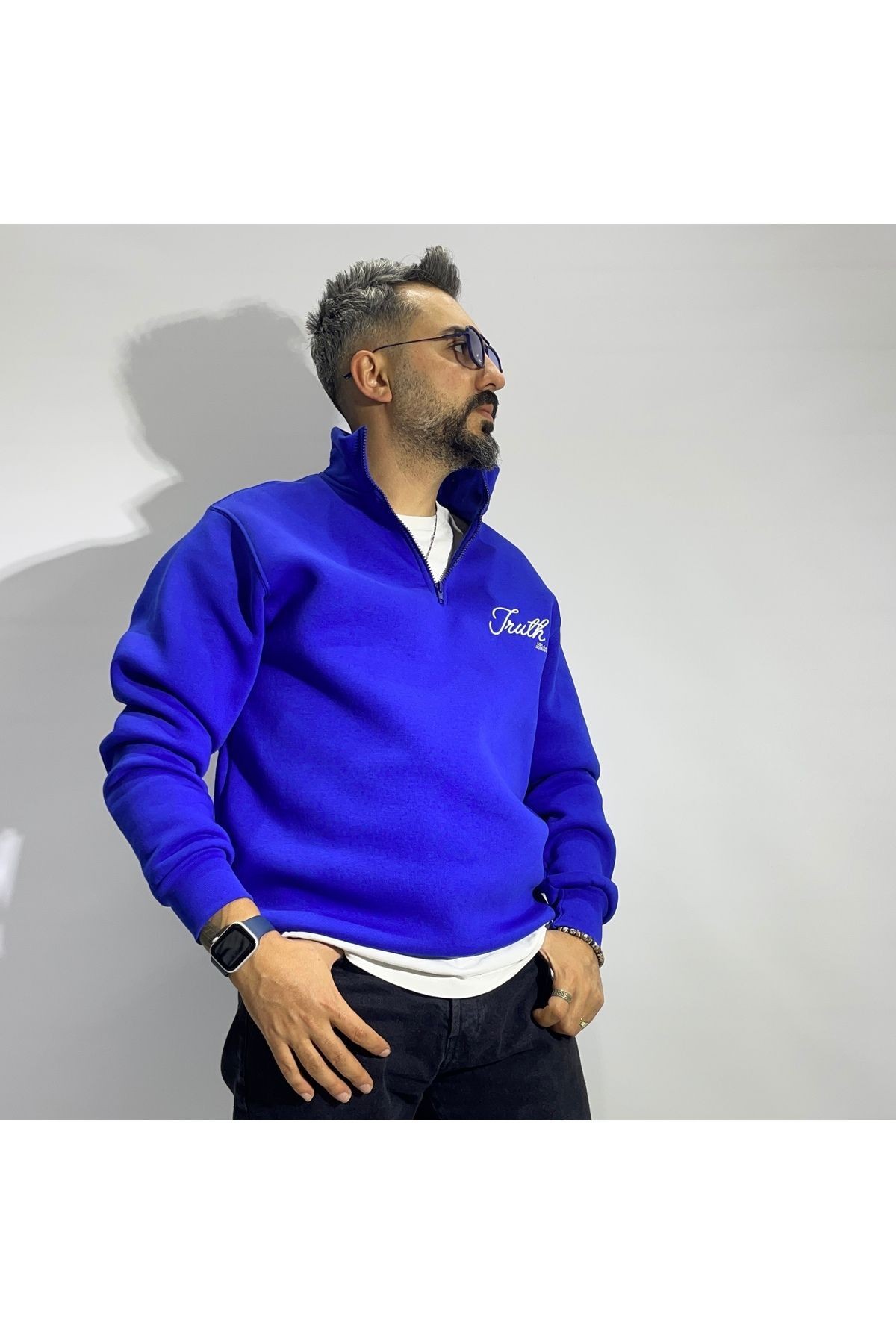 Nakış Detaylı Yarım Fermuar Oversize Erkek Sweatshirt