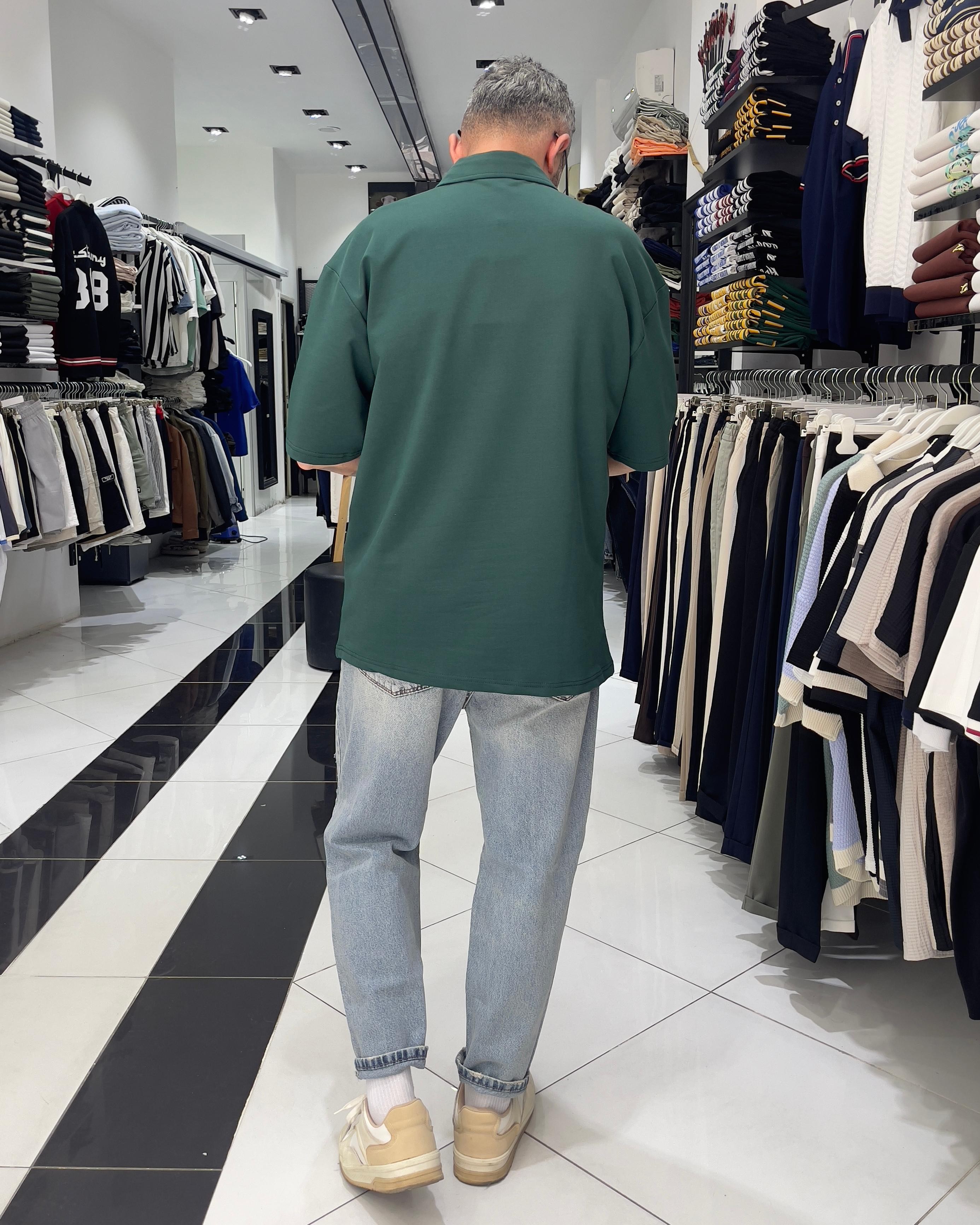 Hommie Baskili Oversize Erkek Polo Yaka T-Shirt - yeşil