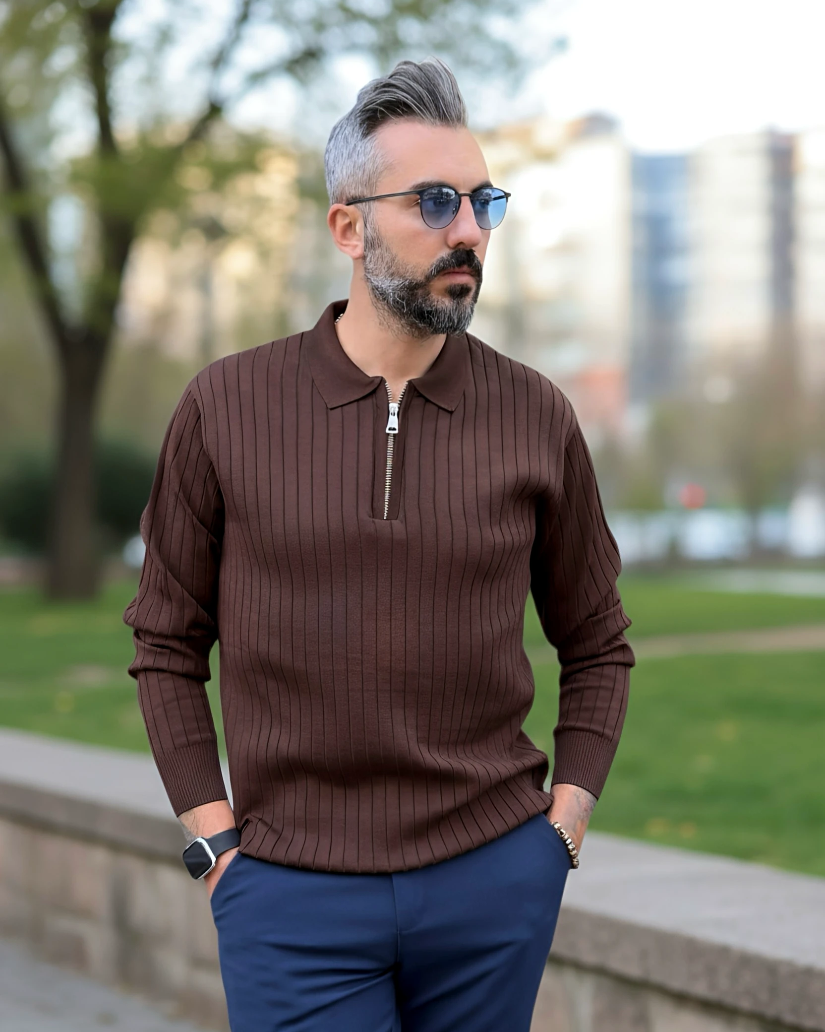 Espresso Line Old Money Erkek Triko Yarım Fermuarlı Polo Kazak