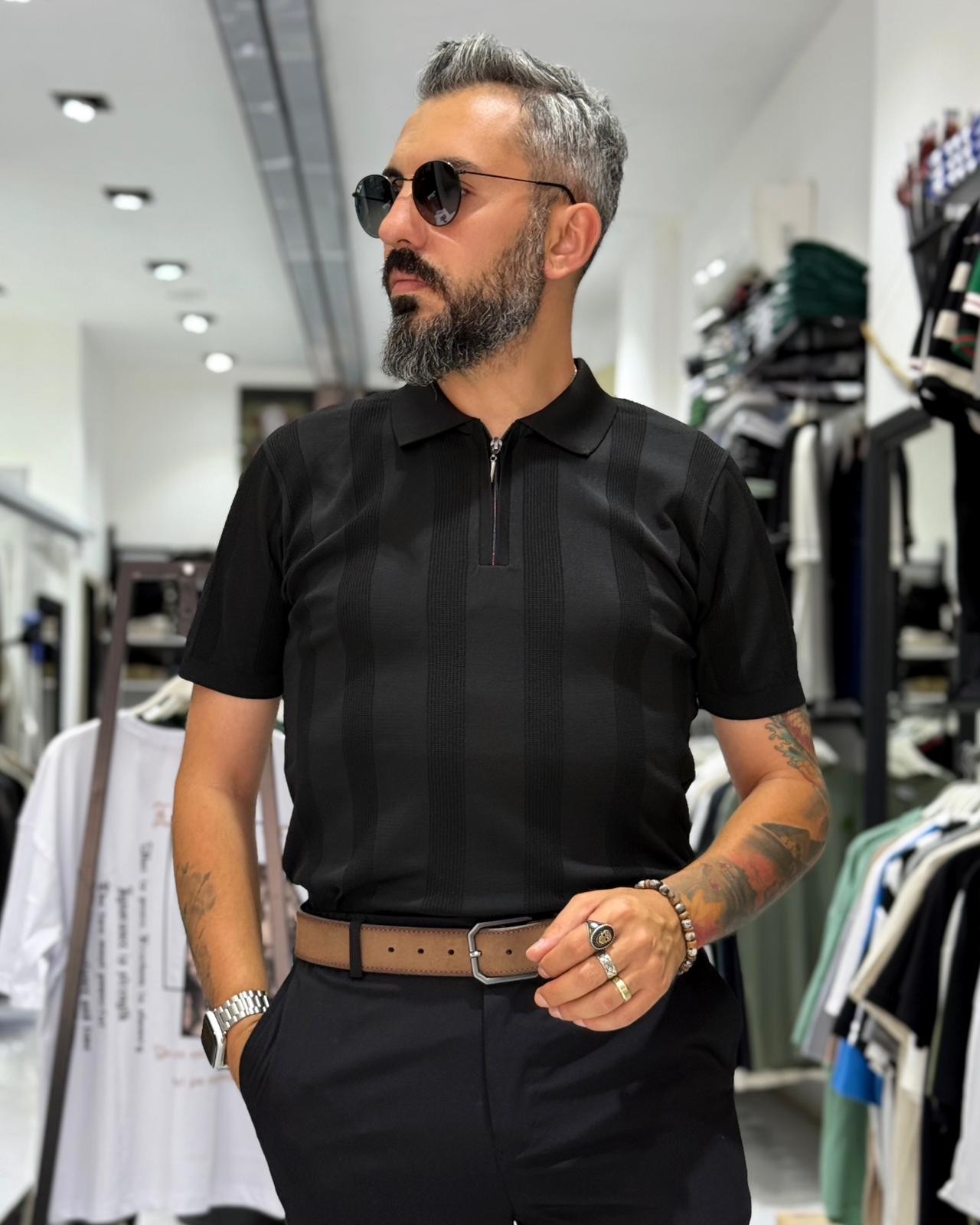  Desenli Polo Yaka Yarım Fermuarlı Erkek T-Shirt - siyah