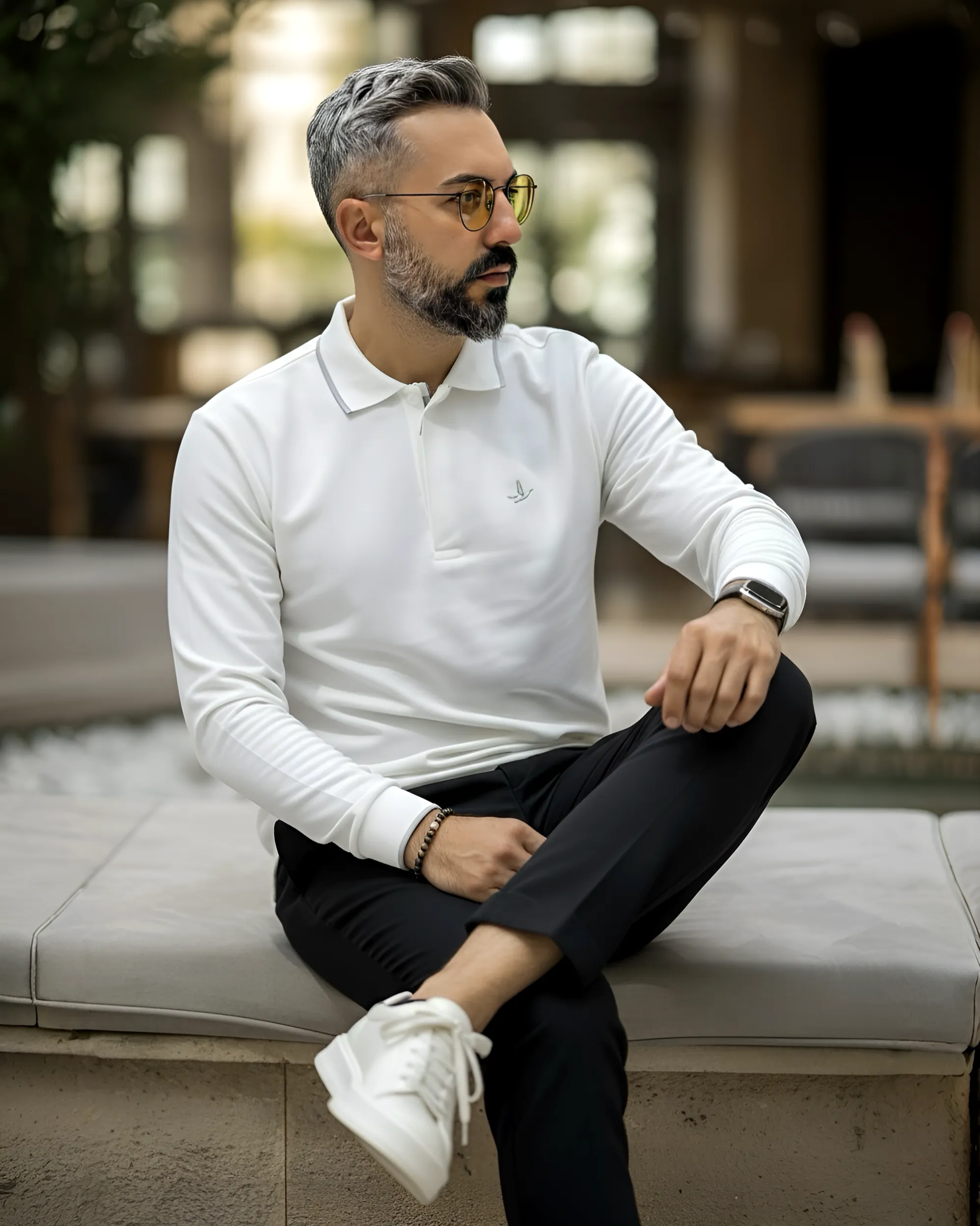 Uzun Kollu  Yarım Fermuarlı Pike Kumaş Erkek Polo - beyaz