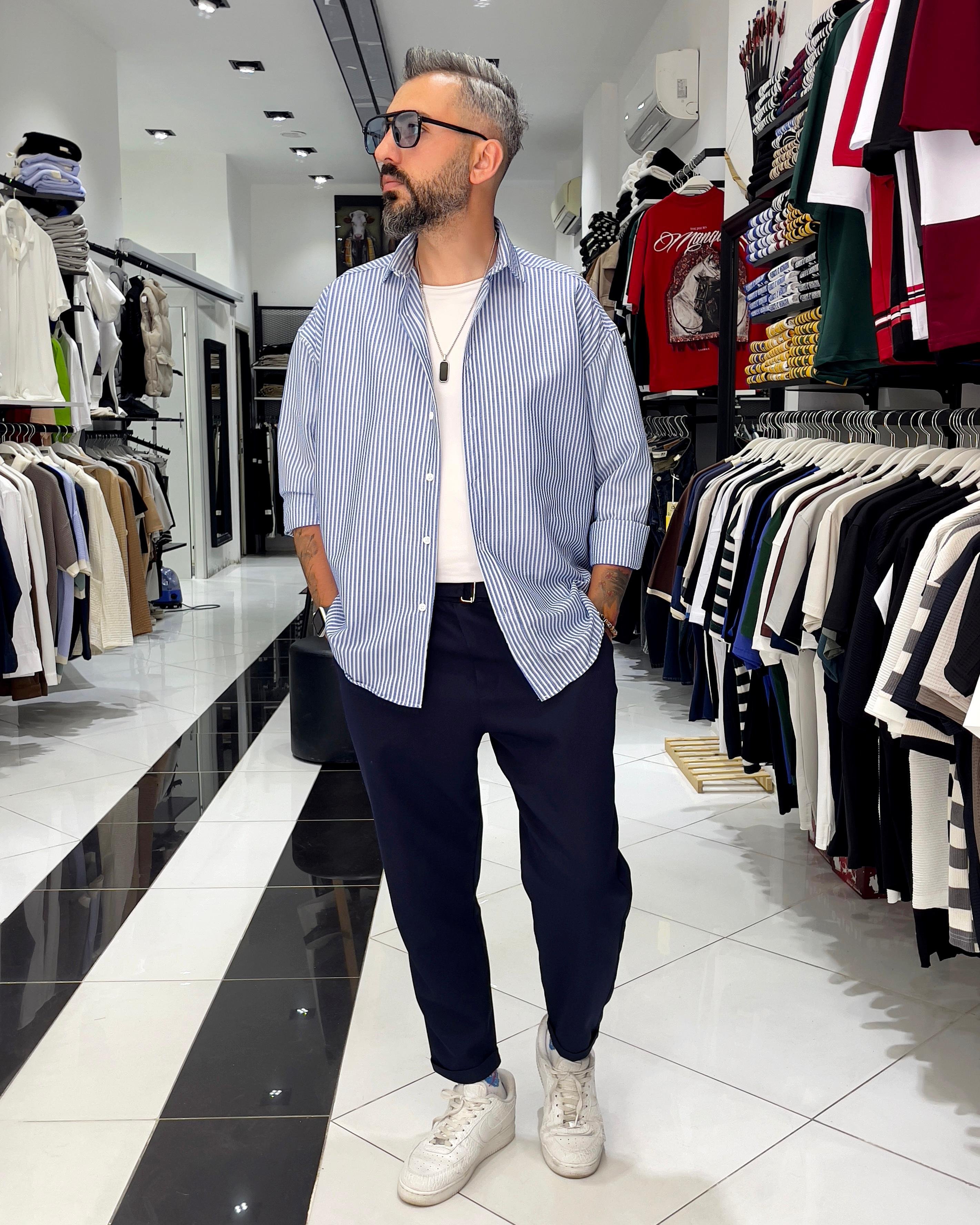 Gofre Kumaş Çizgili Oversize Erkek Gömlek - mavi