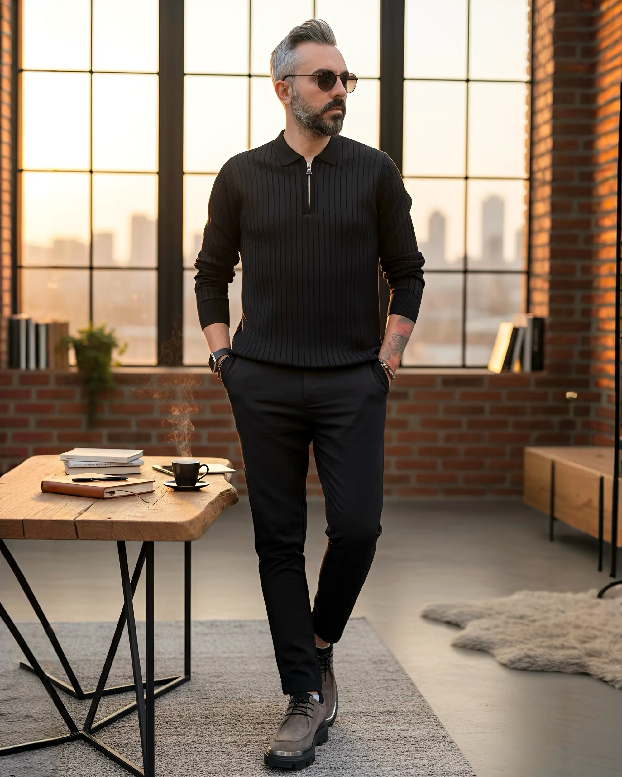 Espresso Line Old Money Erkek Triko Yarım Fermuarlı Polo Kazak - siyah