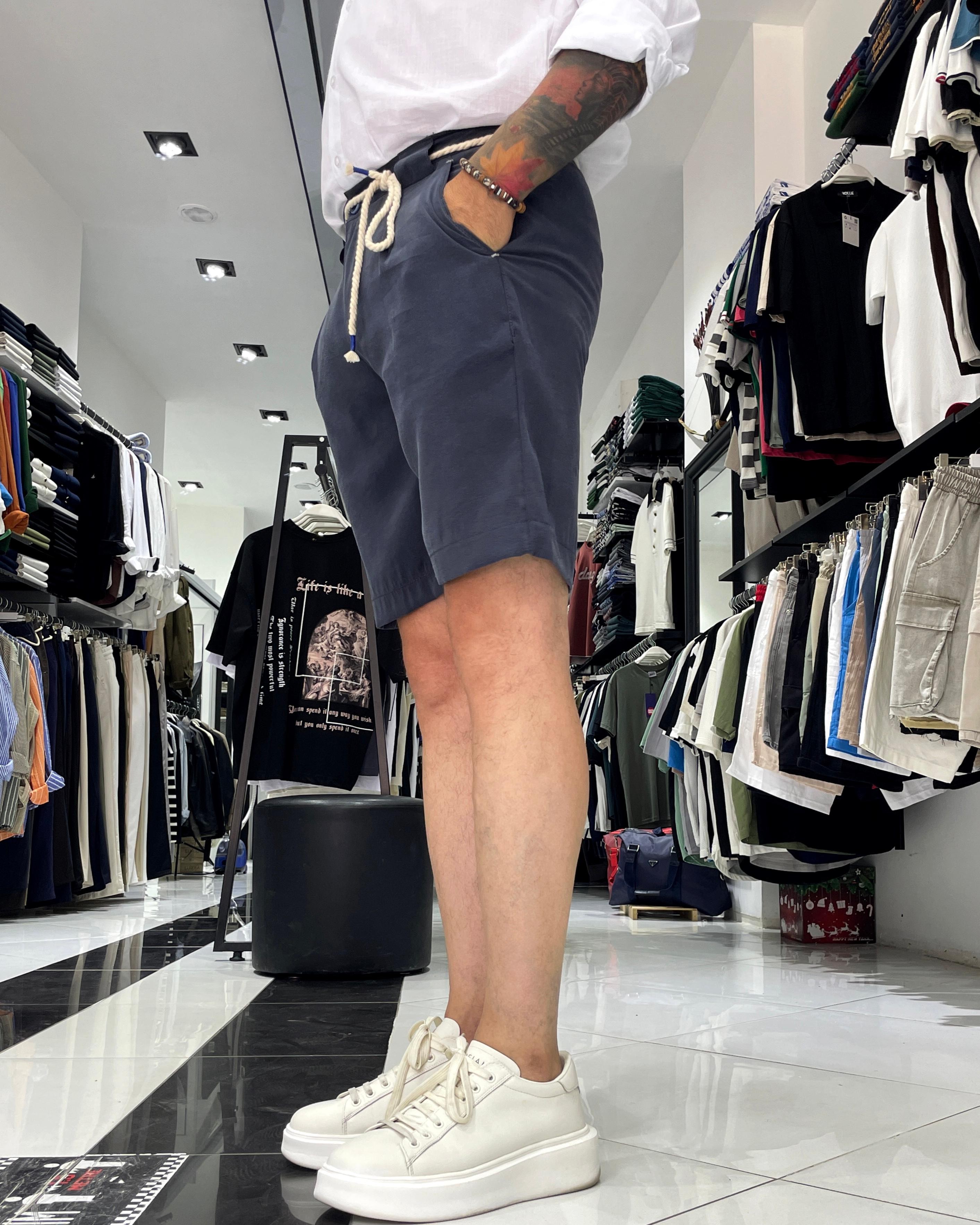 Modal Fabric Belt Detailed Men's Shorts - Navy blue