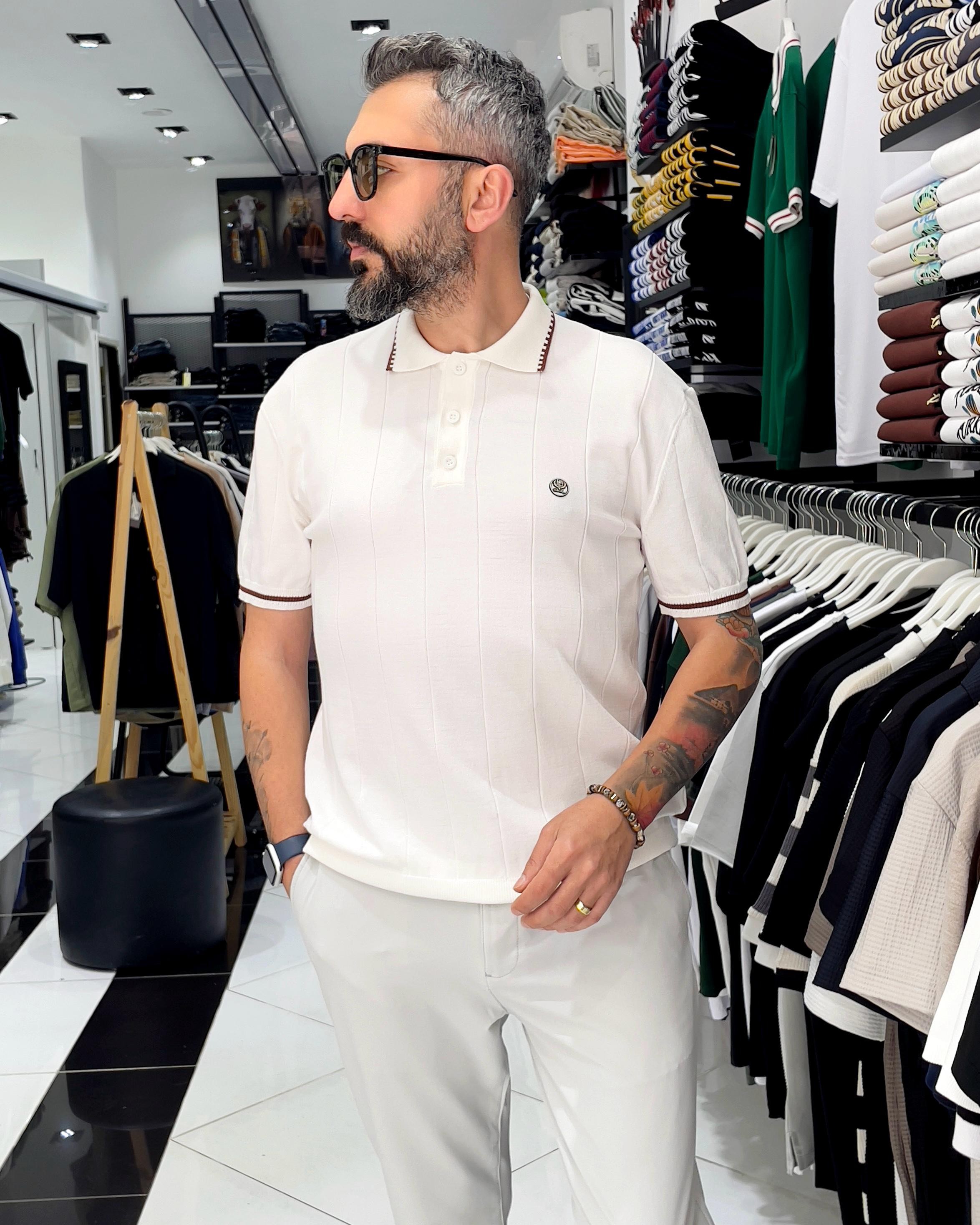 Yaka Ve Kol Detaylı Triko Polo Yaka Erkek T-Shirt - beyaz