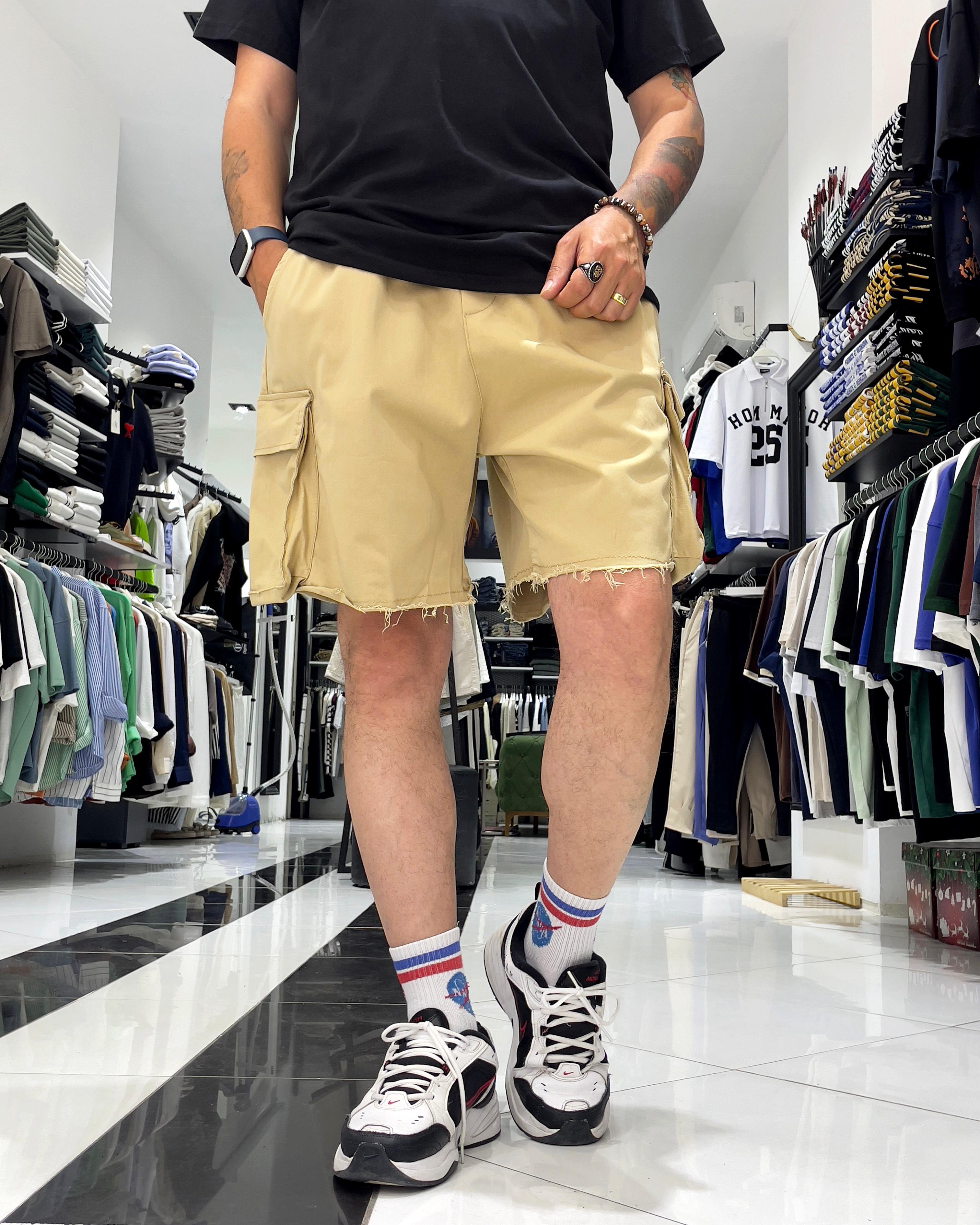 Baggy Fit Organik Denim Erkek Kargo Şort – Higo Man - krem