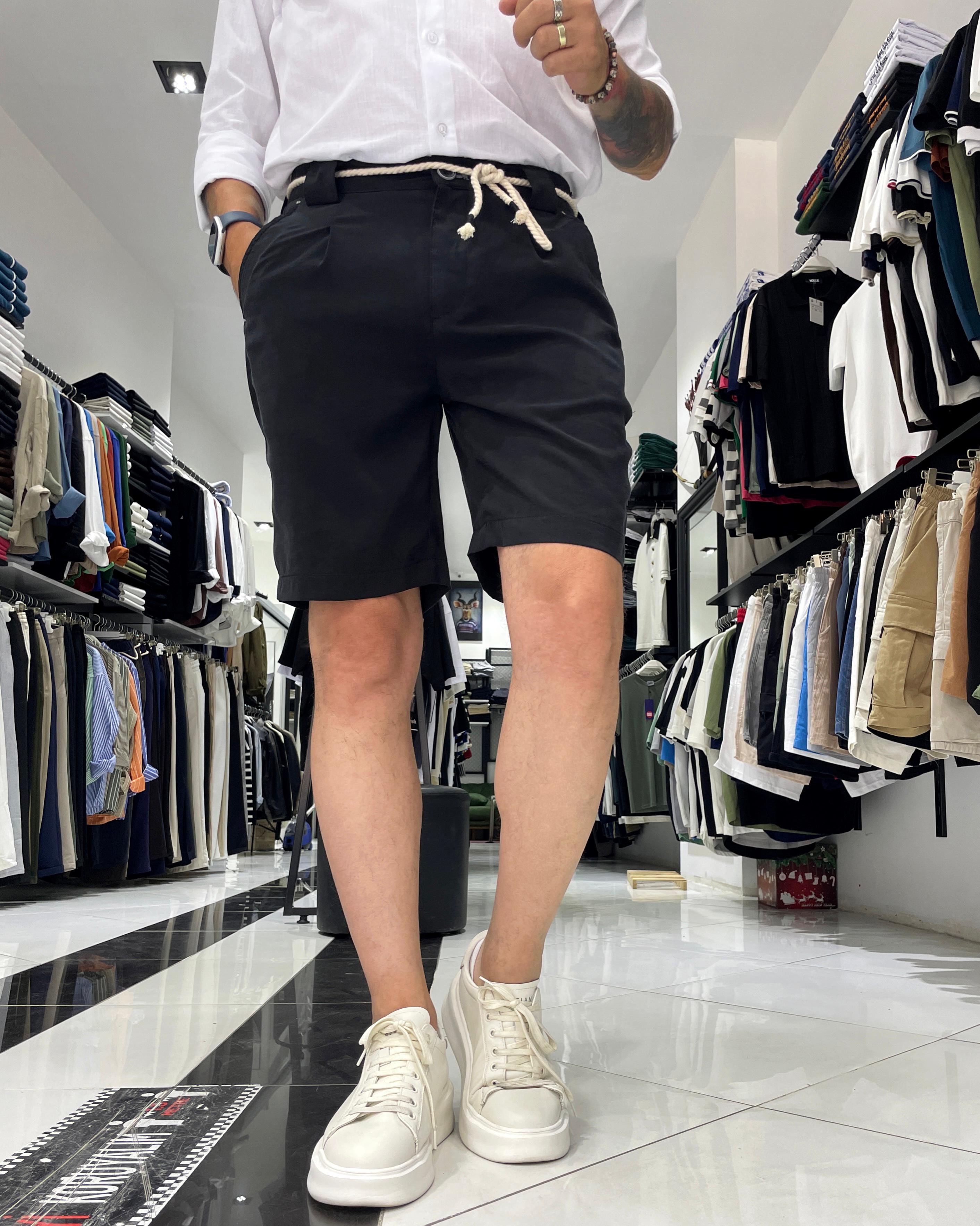 Modal Fabric Belt Detailed Men's Shorts - Black