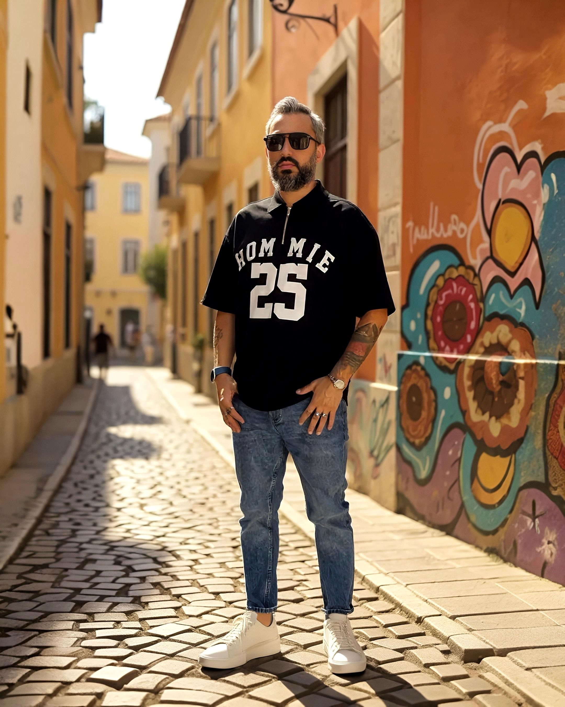Hommie Baskili Oversize Erkek Polo Yaka T-Shirt - siyah