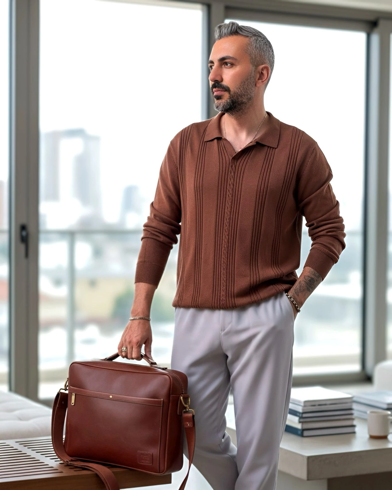 Kendinden Desenli Yakalı Erkek Triko Kazak